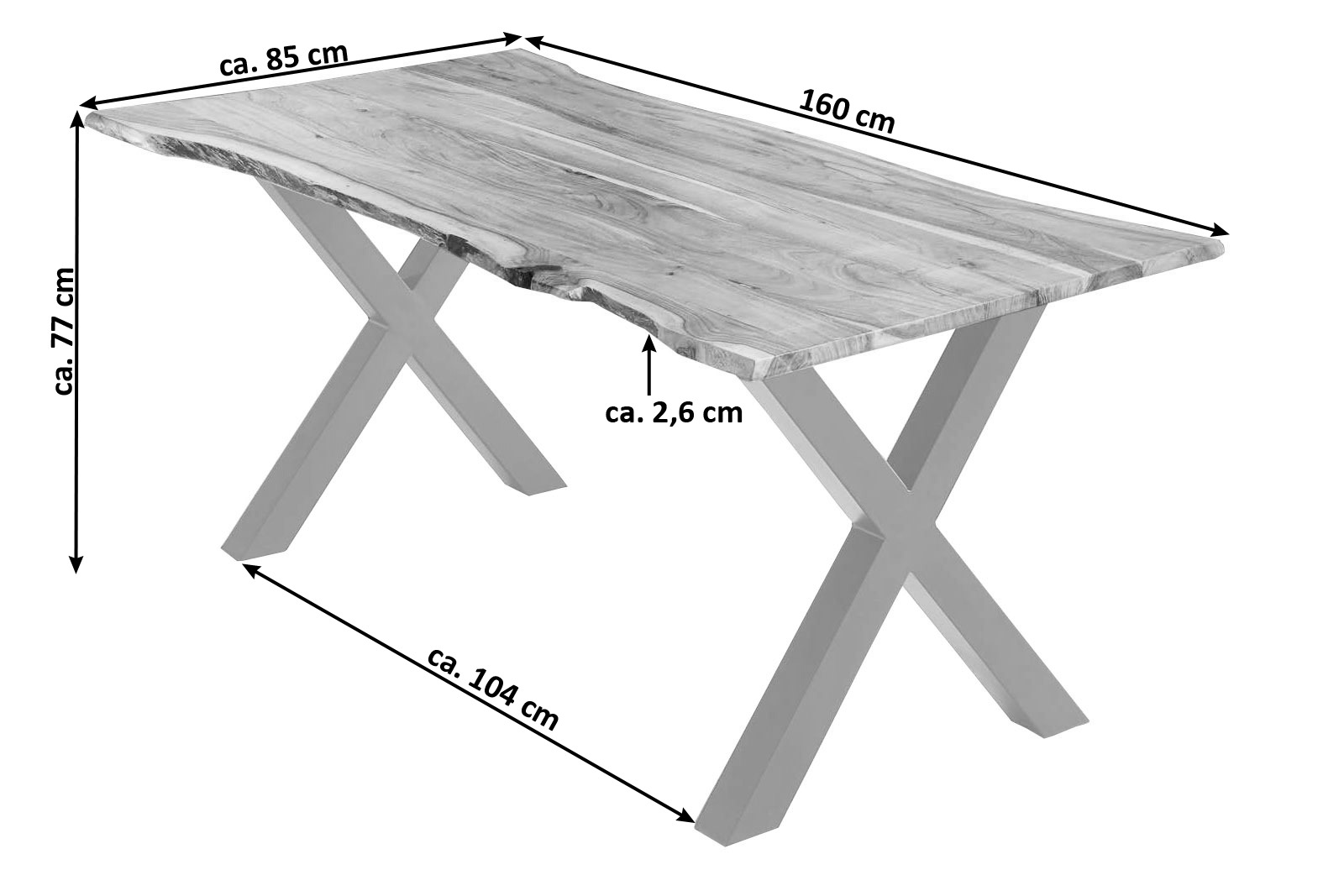 Esstisch Akazie naturfarben 160 x 85 cm X-Gestell silber YVONNE
