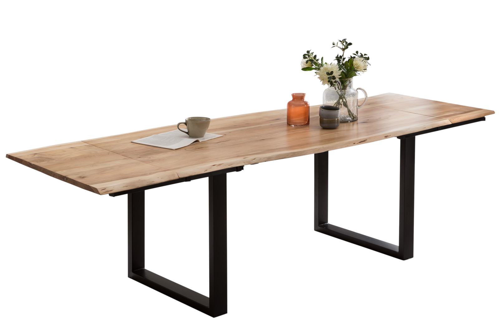 Esstisch Baumkante Akazie natur 220(320)x100 Ansteckplatten schwarz PAULO