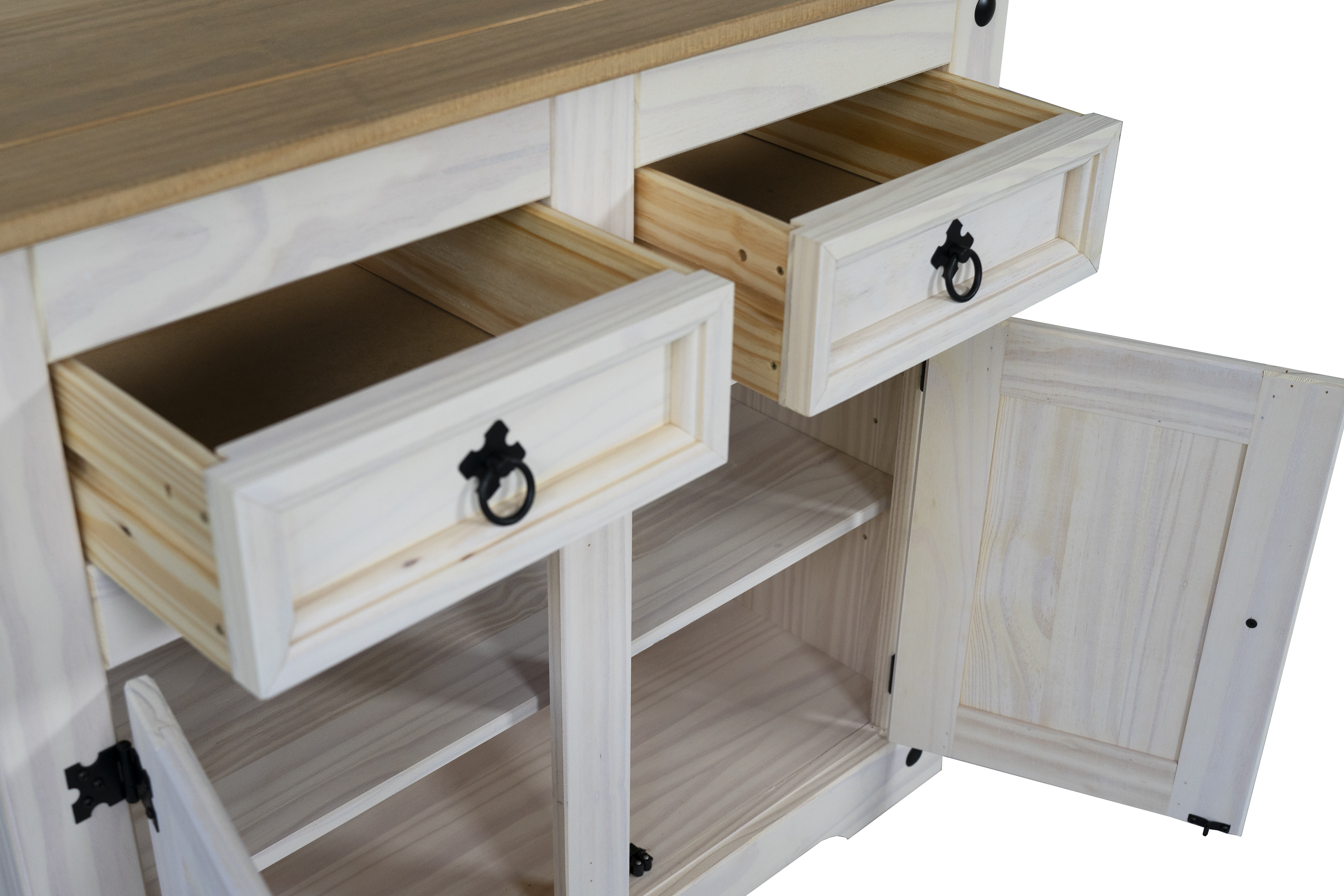 Sideboard Kommode 91,5 x 83,5 x 43 cm Pinienholz weiß honigfaben lasiert MEXICO