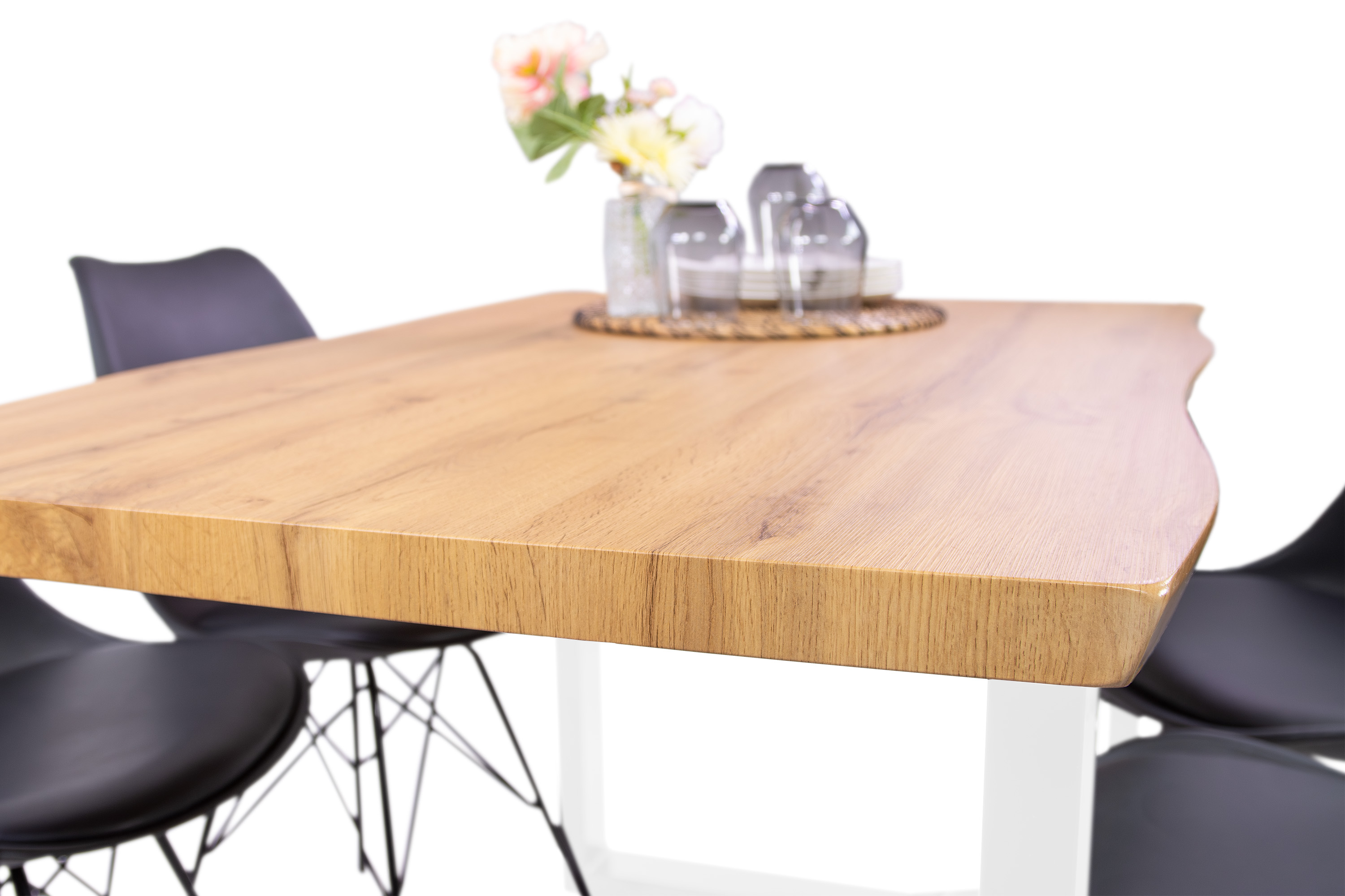 Esstisch Baumkante Holz-Optik Wildeiche 140 x 80 U-Gestell weiß JOSY
