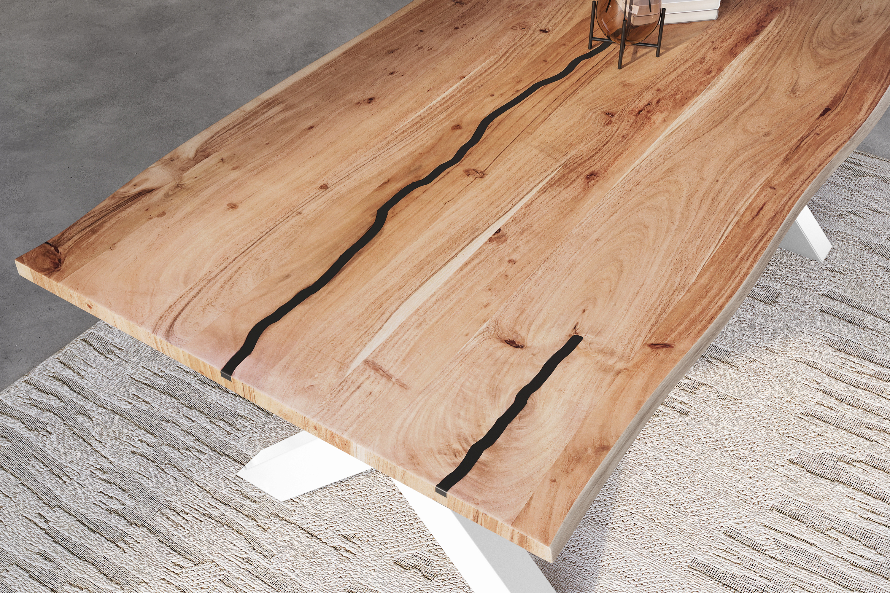 Baumkantentisch Akazie mit schwarzen Resin-Adern naturfarben 240 x 100 cm X-Gestell weiß POLLY