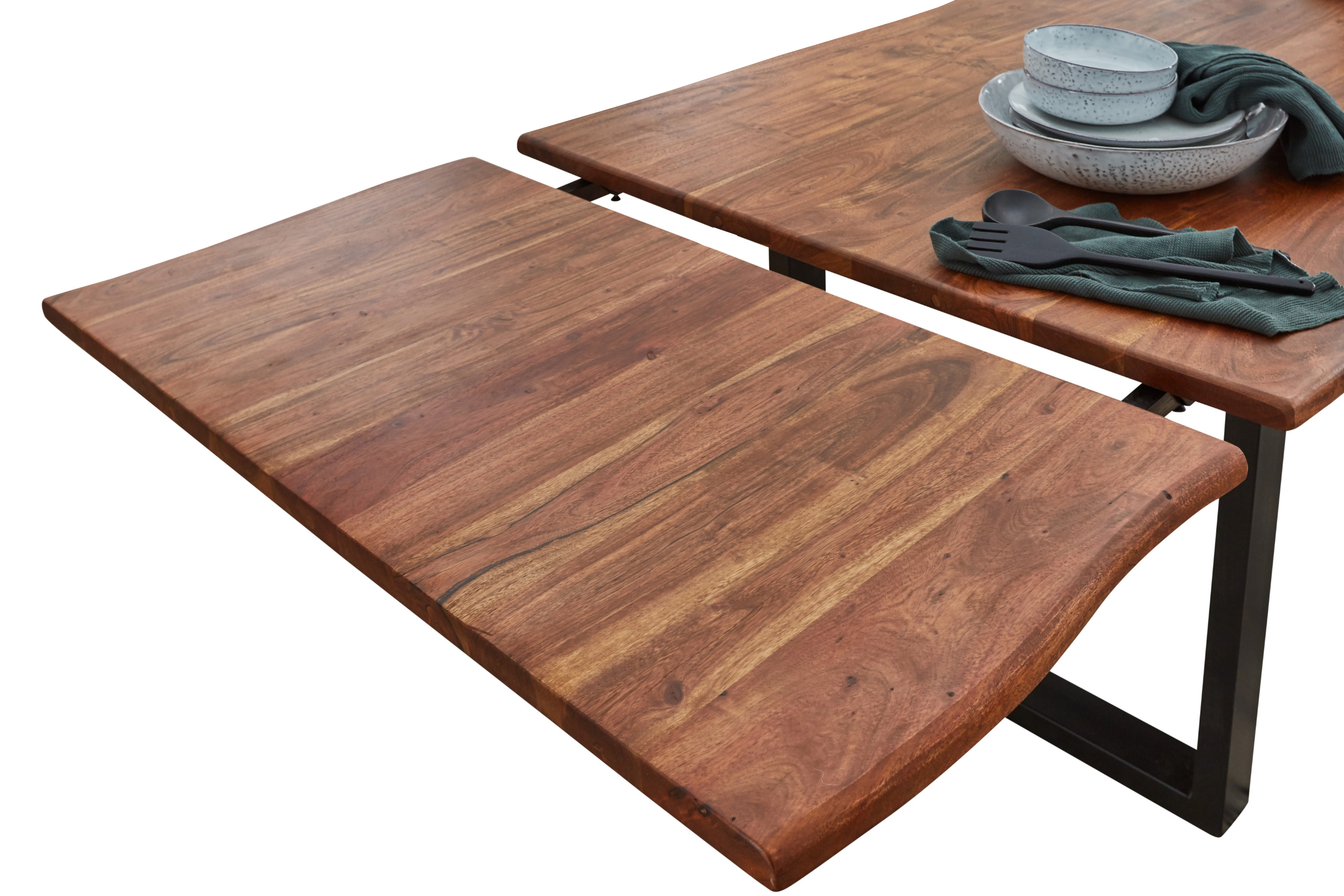 Baumkantentisch Akazie nougatfarben 220 (320) x 100 cm Ansteckplatten schwarz NORINA Baumkantentisch Akazie nougatfarben 220 (320) x 100 cm Ansteckplatten schwarz NORINA