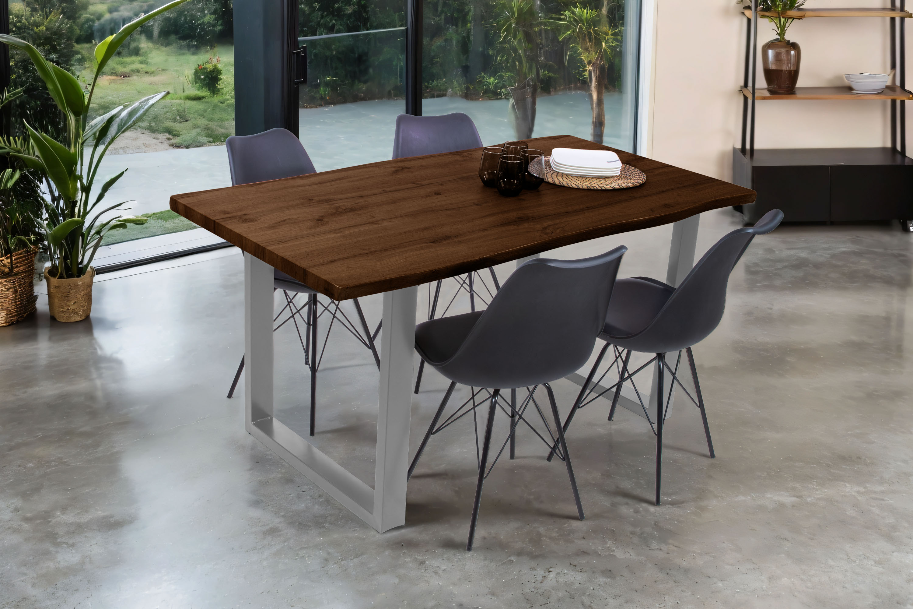 Esstisch Baumkante Holz-Optik Nussbaum 160 x 85 U-Gestell silber JOSY