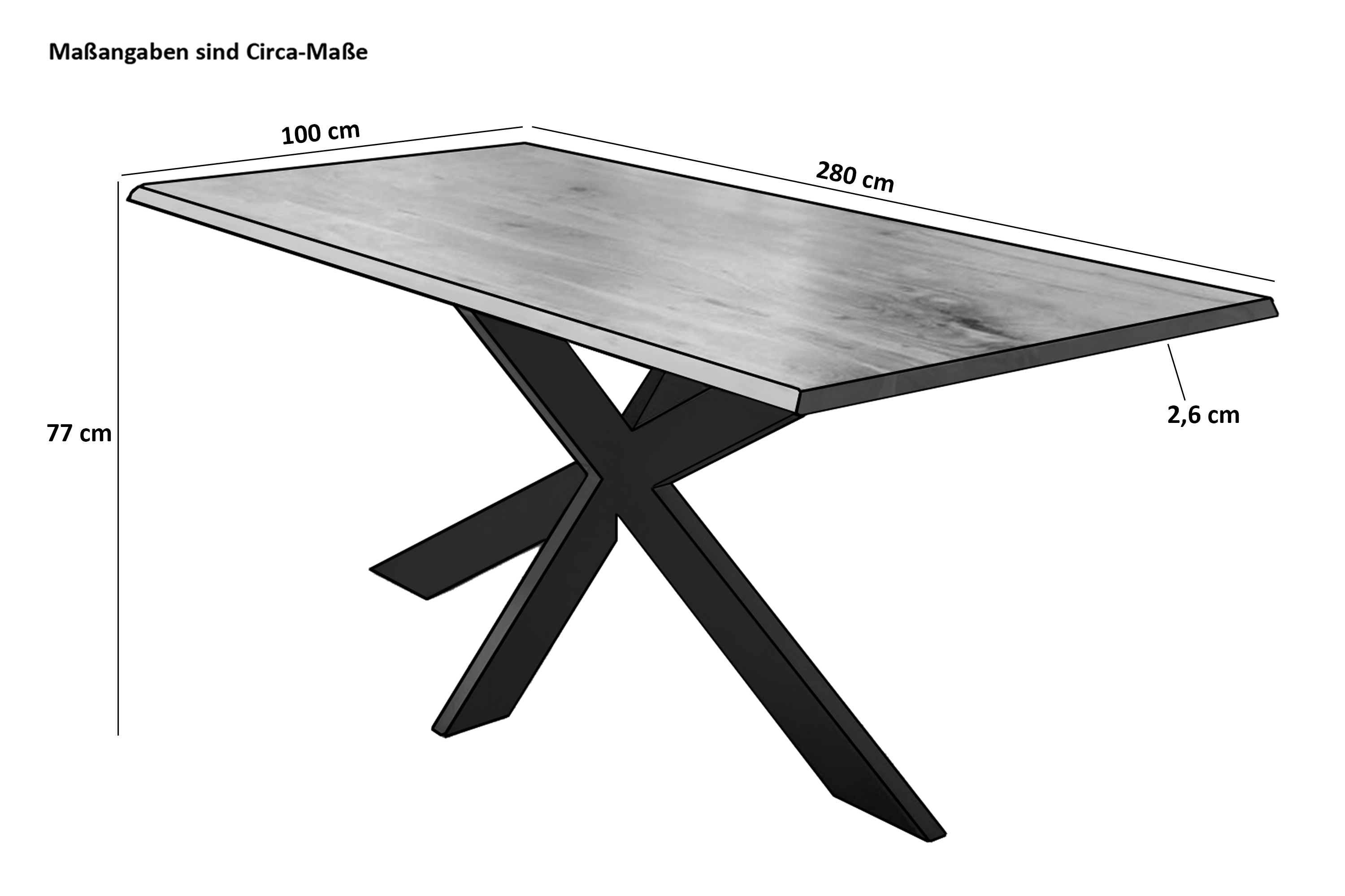 Esstisch Baumkante Massiv Mango naturfarben 280 x 100 schwarz Spider-Gestell DORA