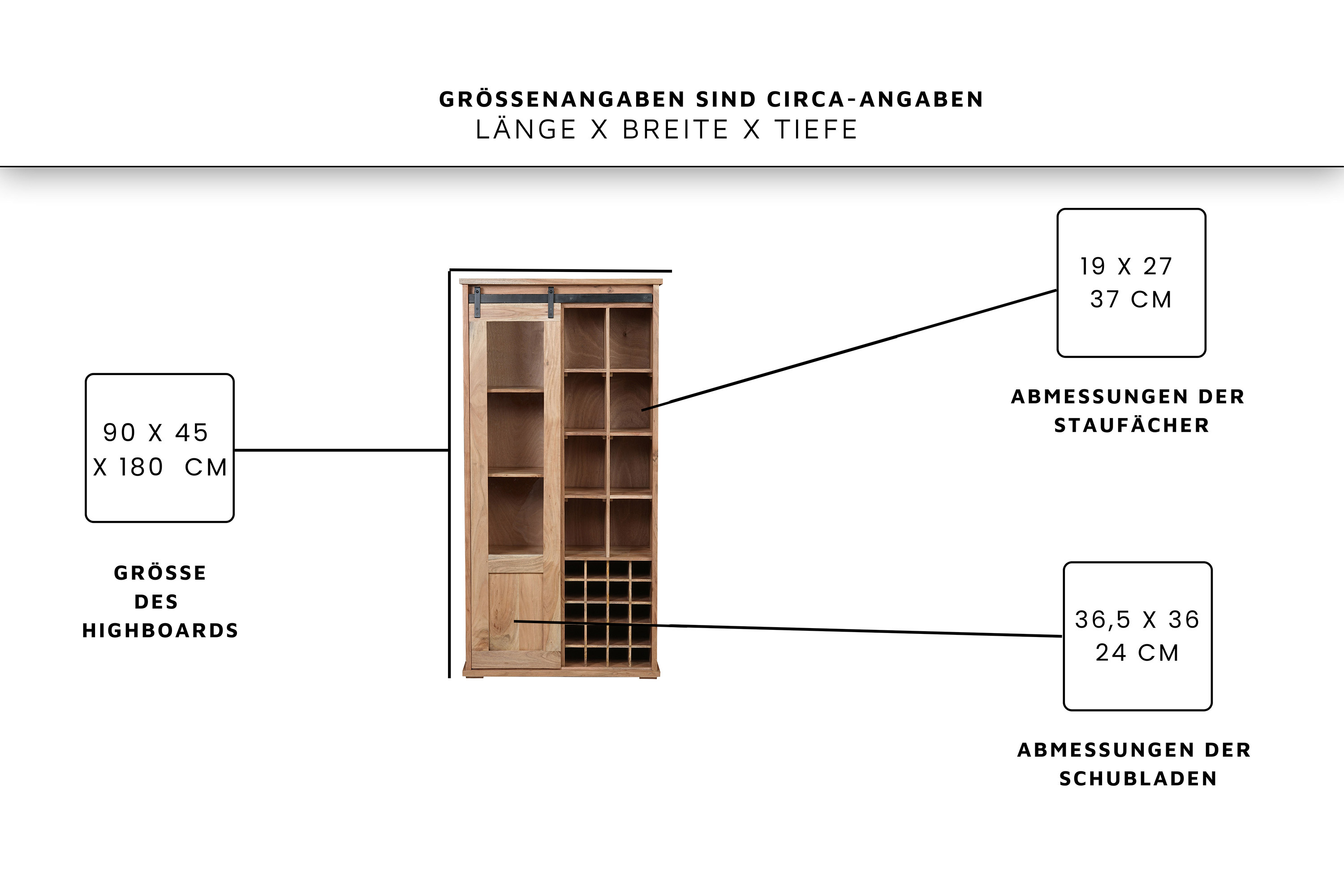 Wein-Highboard 90 x 45 x 180 cm Akazienholz massiv naturfarben ohne Baumkante LIAN 1