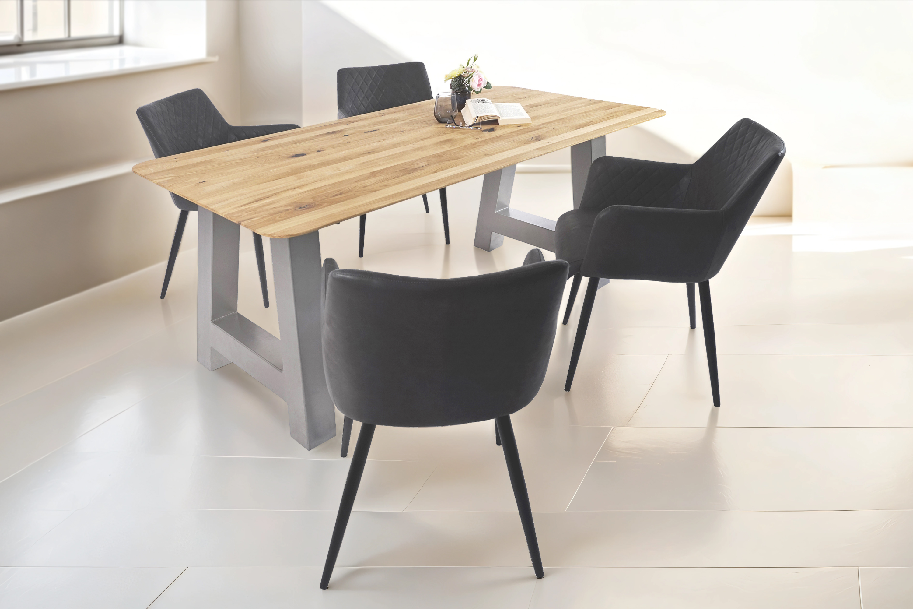 Esszimmertisch Schweizer Kante rund massiv & geölt Eiche 160x85 silber A-Gestell Lotte