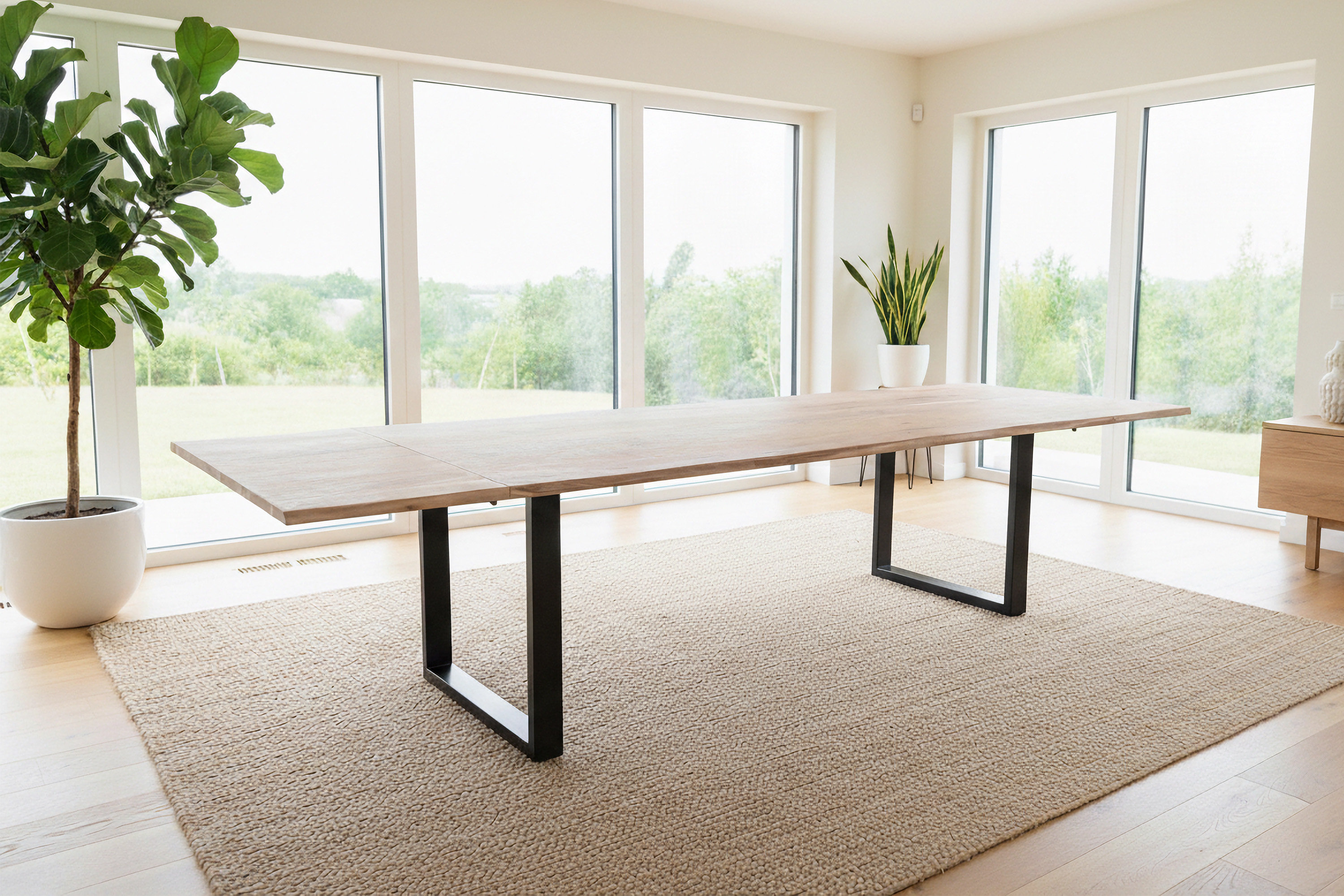 Esstisch Baumkante Akazie natur 220(320)x100 Ansteckplatten U-Gestell schwarz AVINO