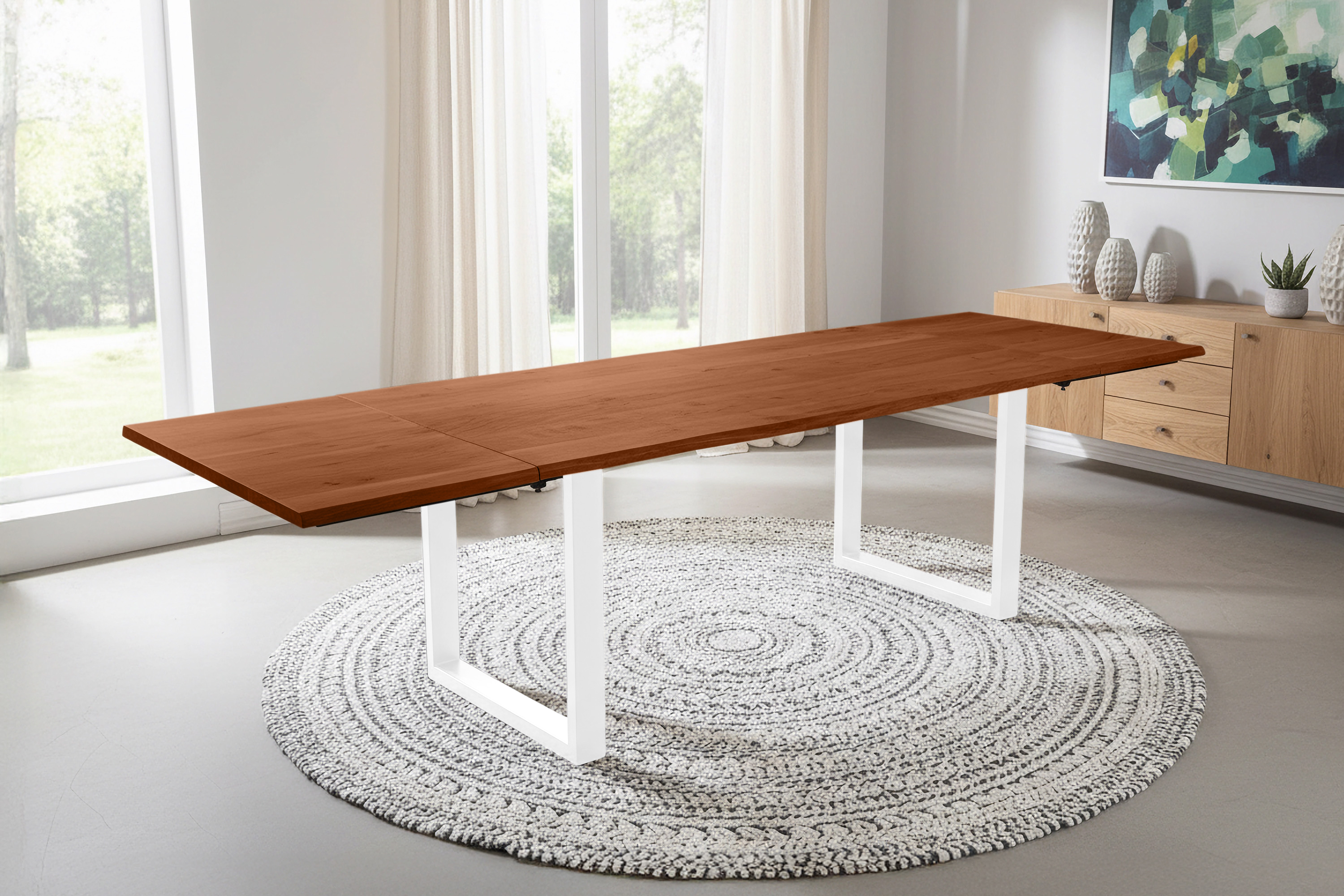 Esstisch Baumkante Akazie nuss 160(260)x90 Ansteckplatten U-Gestell weiß AVINO
