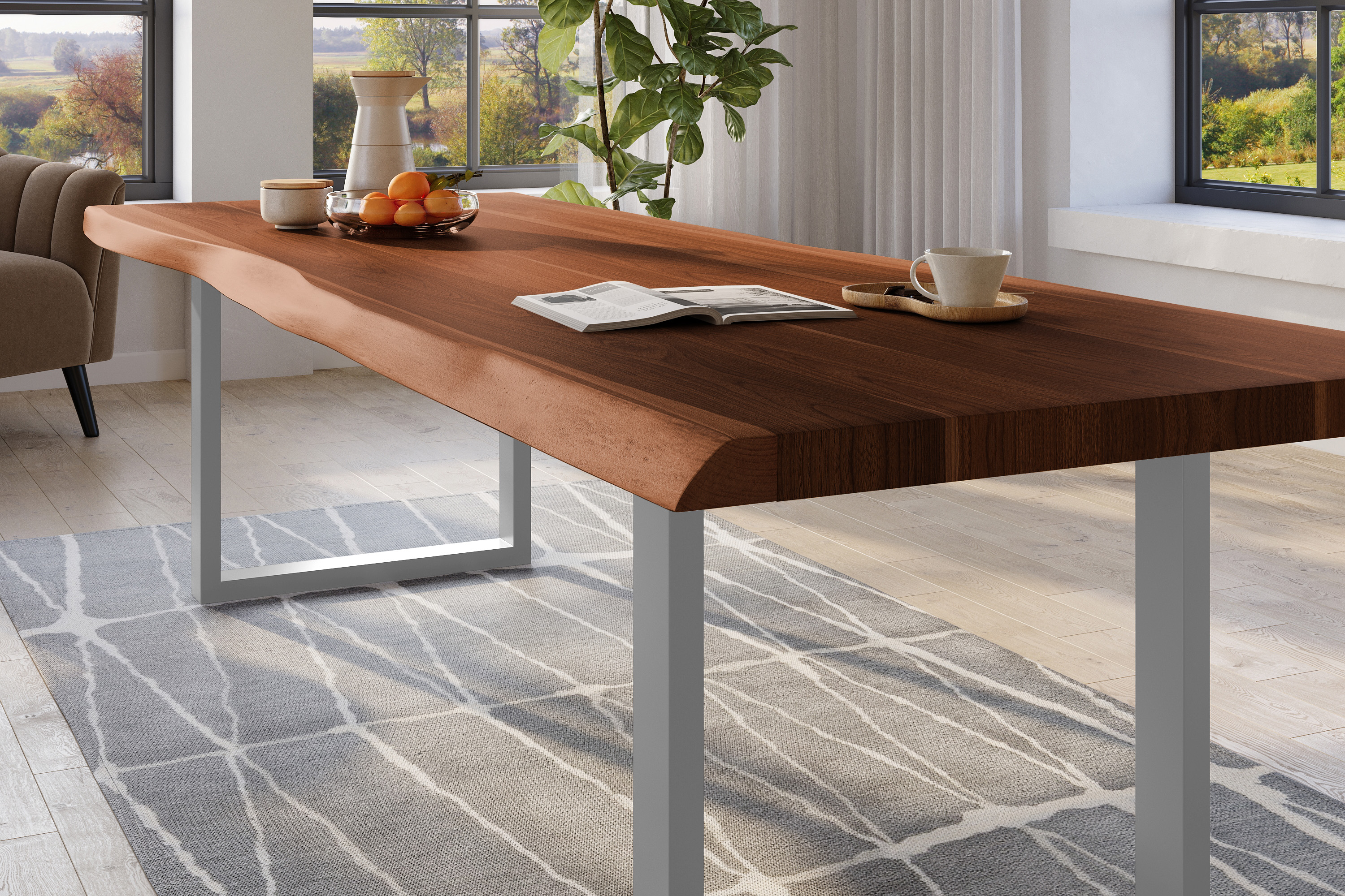 Esstisch Baumkante massiv Akazie nussbaumfarben 260 x 120 U-Gestell Metall silber TITAN
