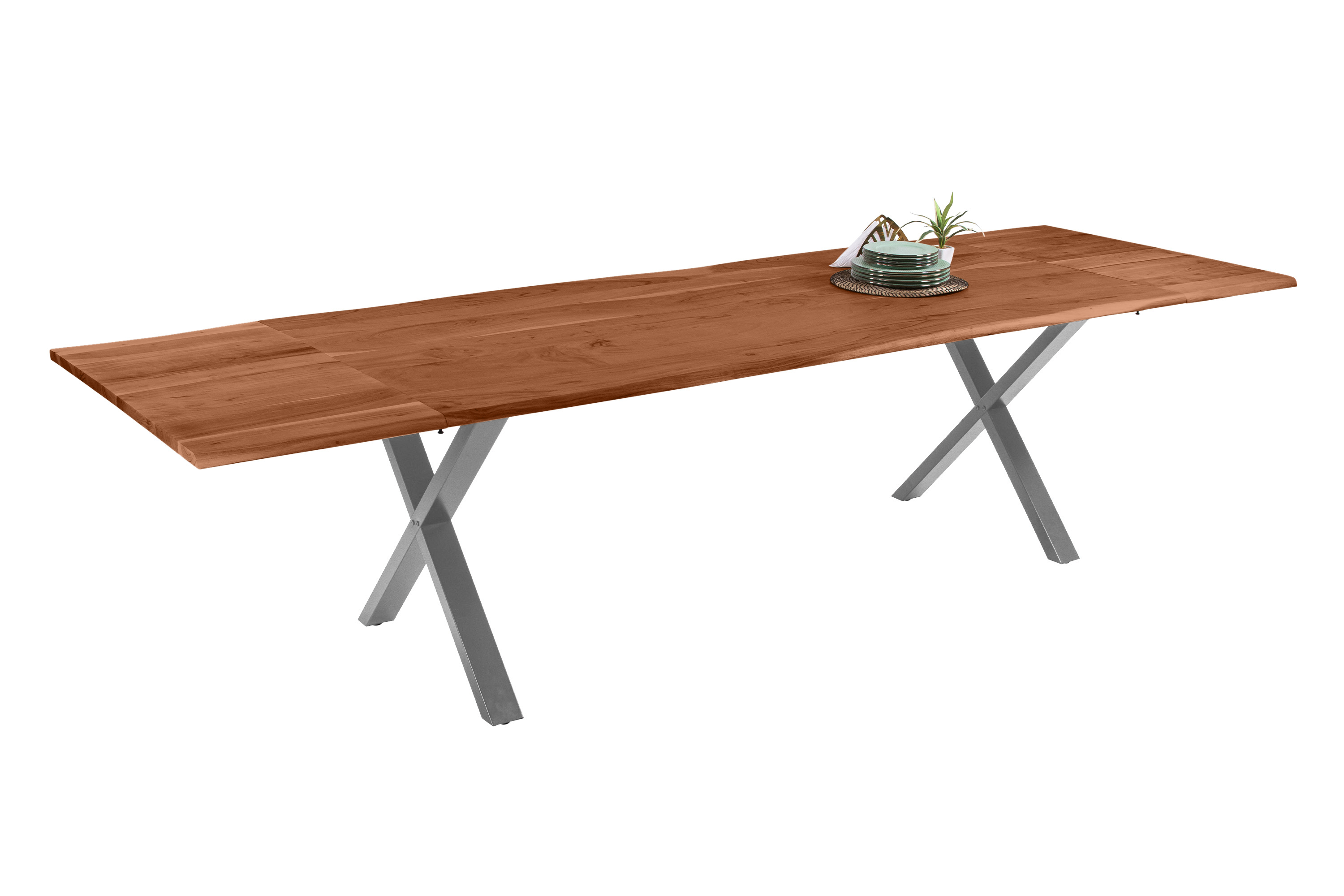 Esstisch Baumkante Akazie nuss 200(300)x100 Ansteckplatten X-Gestell silber AVINO