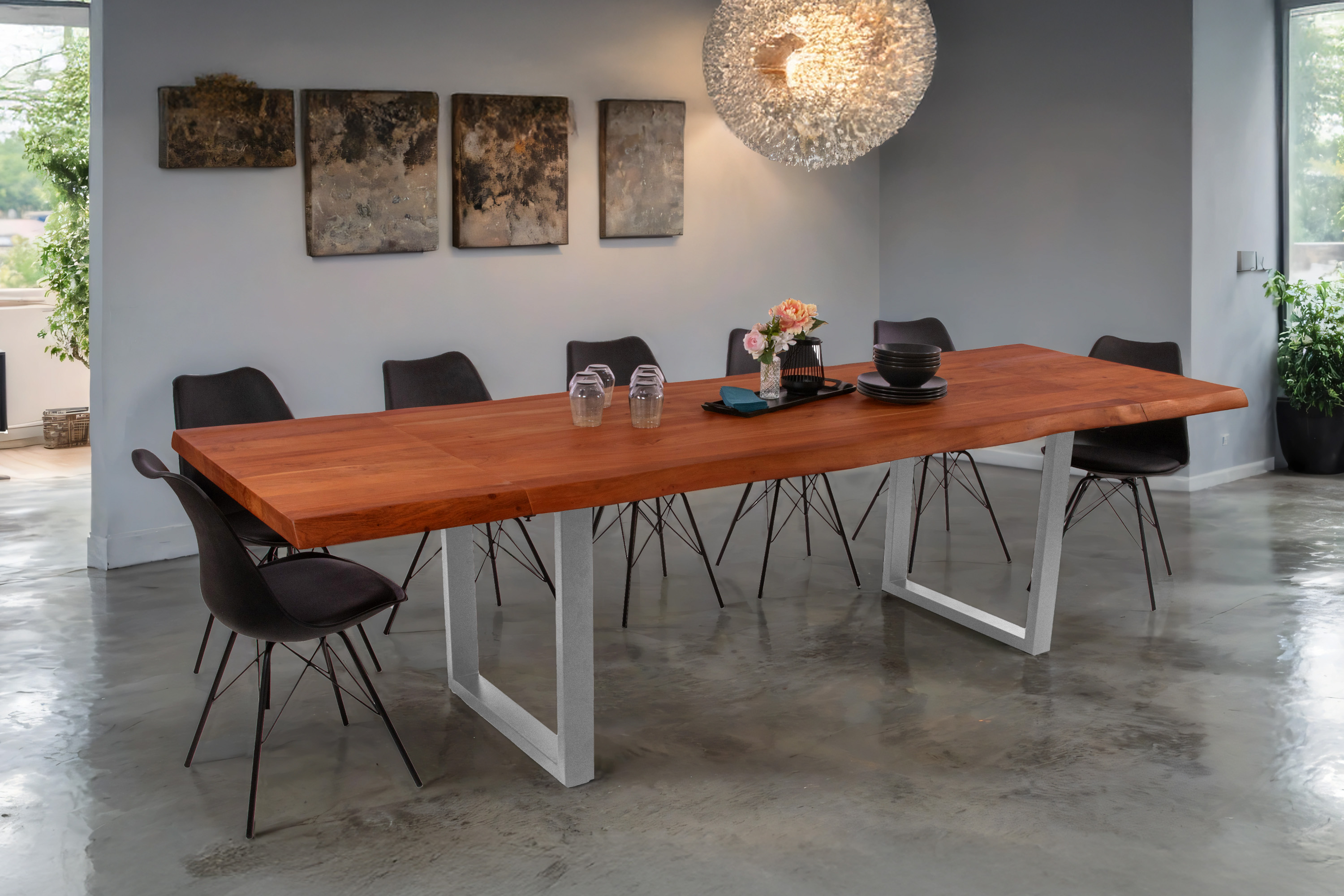 Esstisch Baumkante Akazie nuss 140 (220) x 90 cm U-Gestell silber mit Ansteckplatten CALI