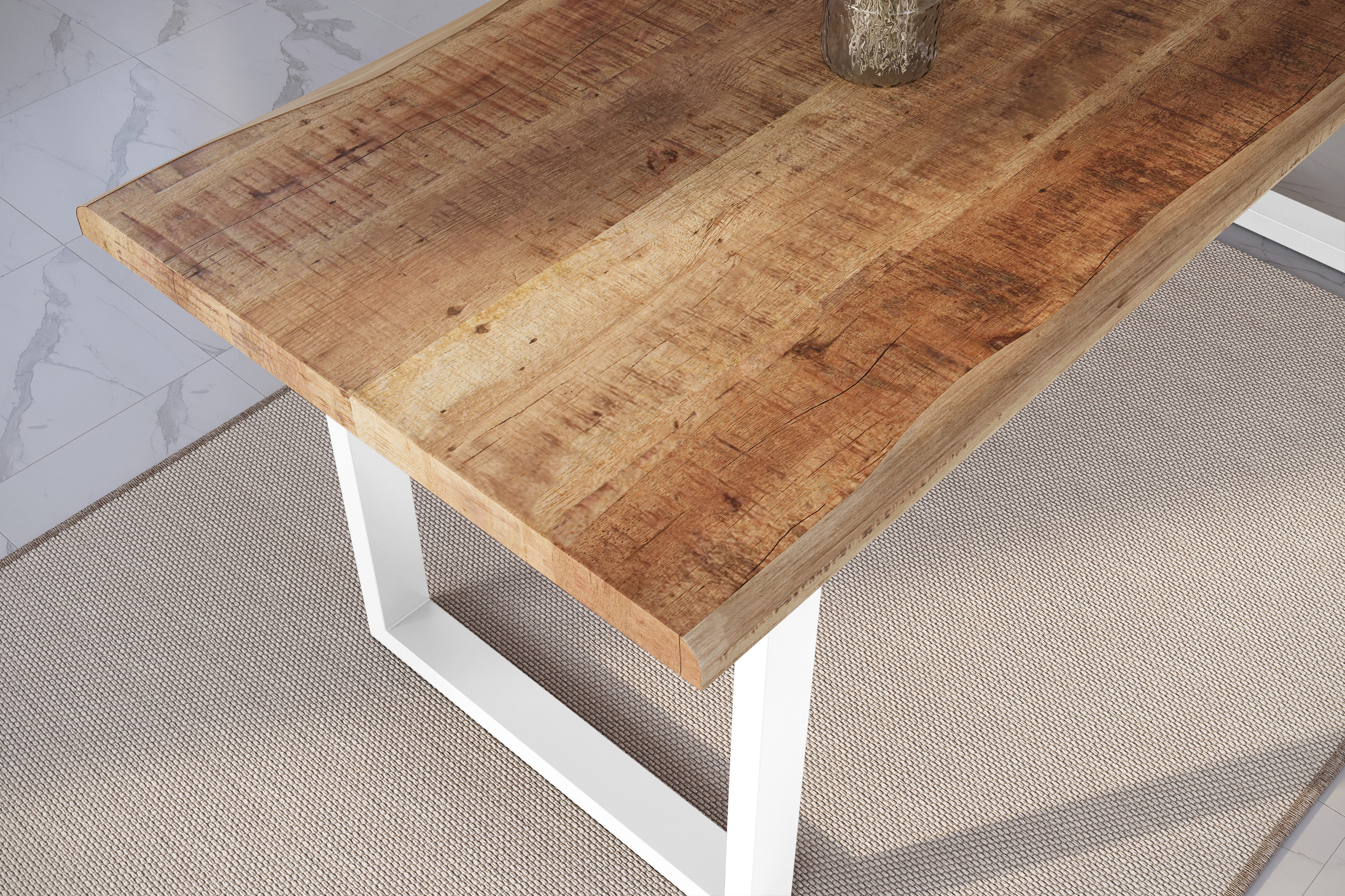 Esstisch Baumkante massiv Mango rough 180 x 90 U-Gestell weiß ATLAS