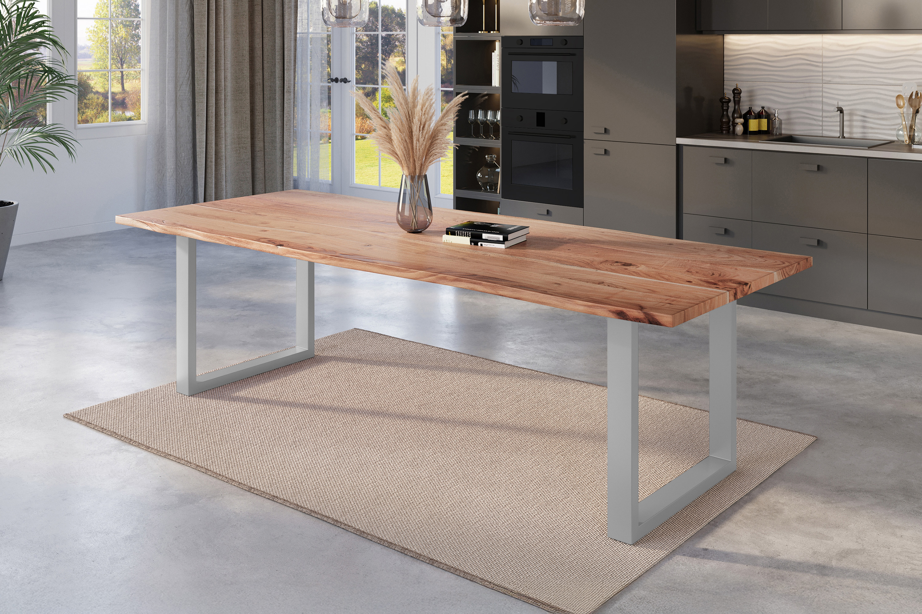 Esstisch Baumkante massiv Akazie natur 280 x 100 U-Gestell silber NICK