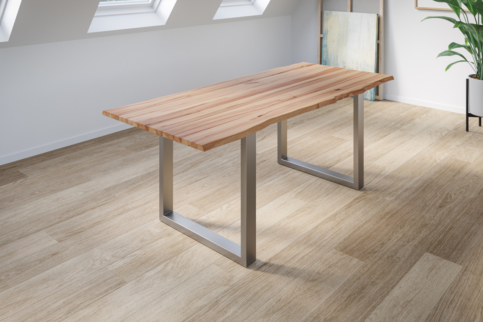Esstisch Baumkante Massiv Wildbuche 160 x 85 silber U-Gestell GREGOR