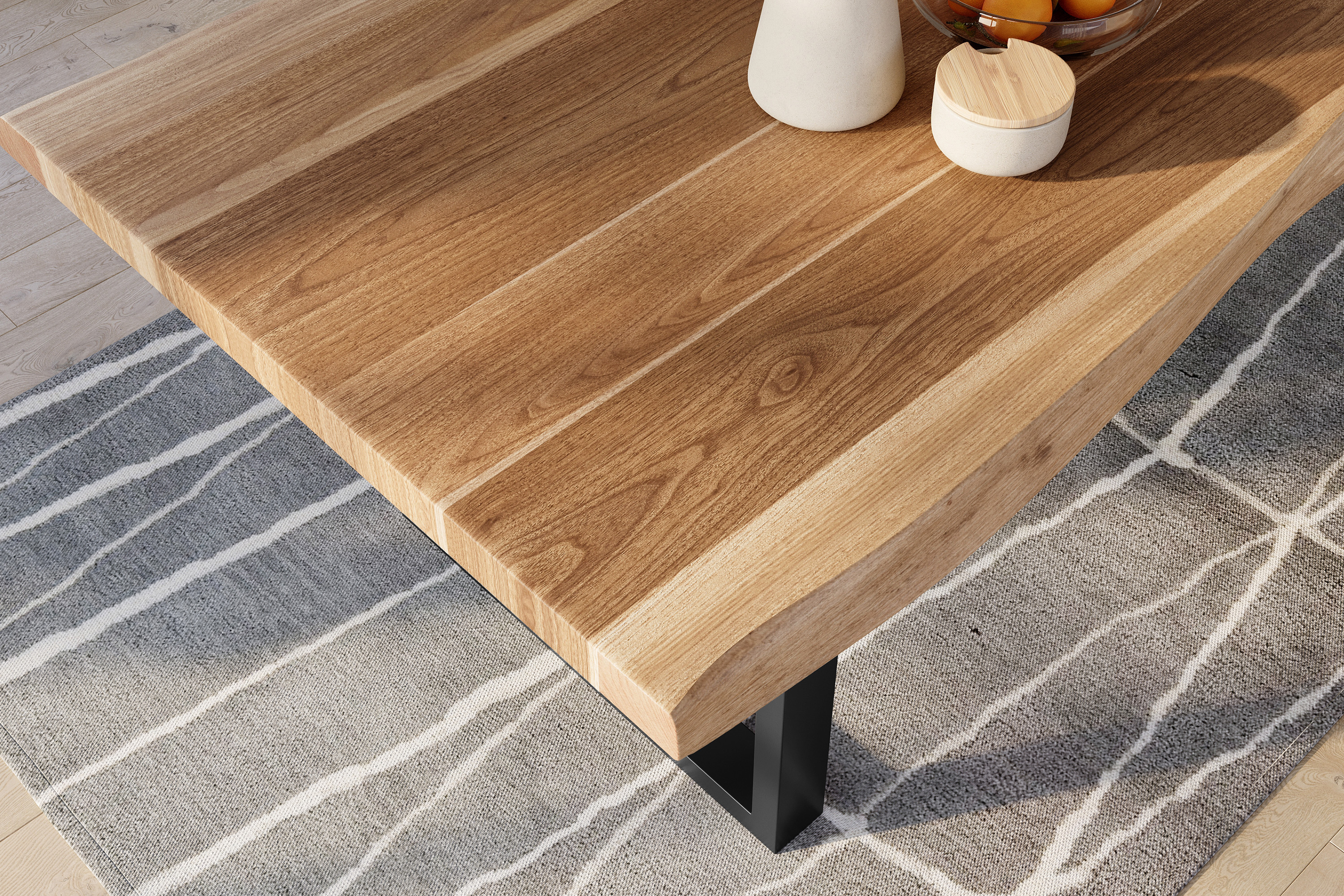 Esstisch Baumkante massiv Akazie natur 260 x 110 U-Gestell Metall schwarz TITAN