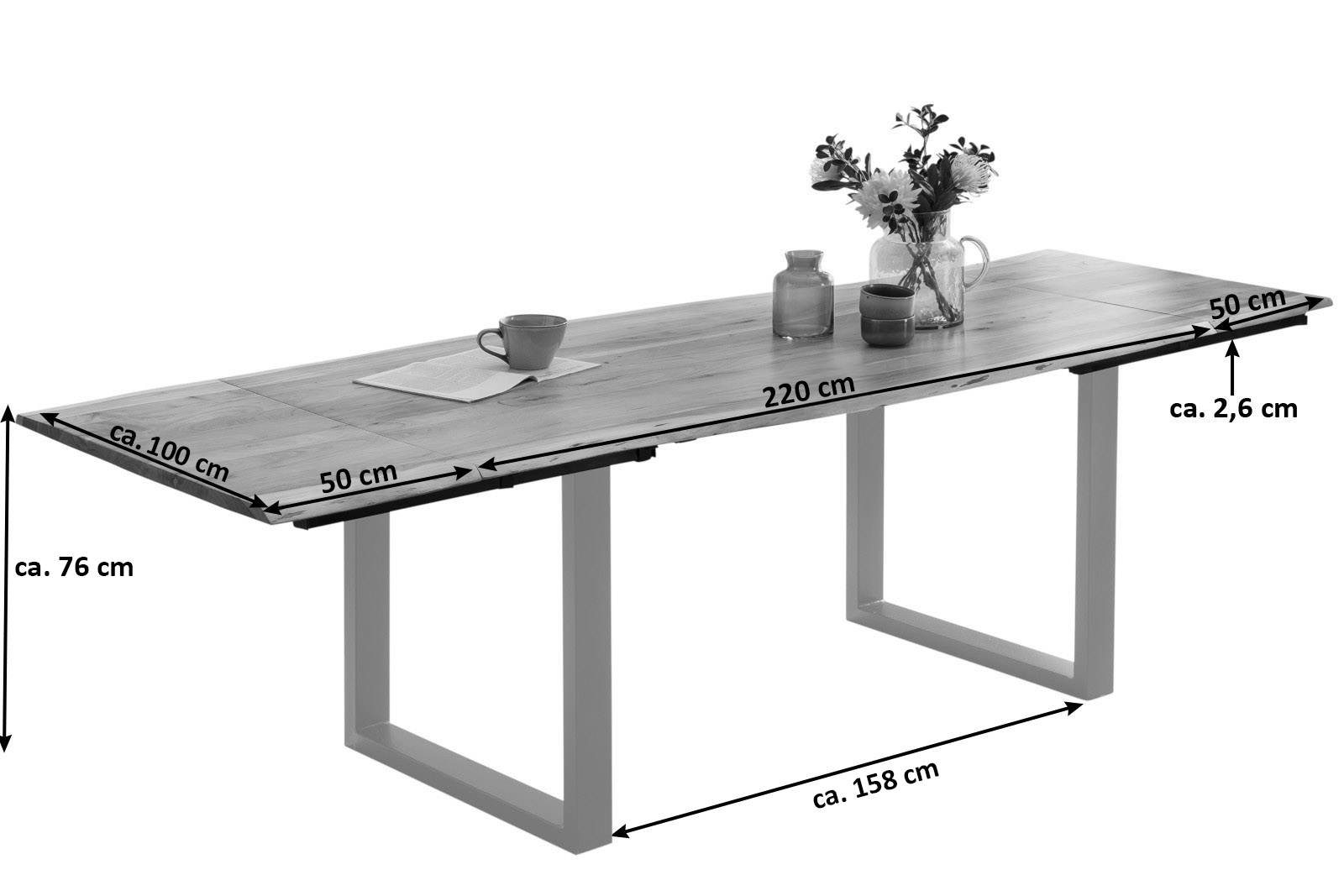 Esstisch Baumkante Akazie natur 220(320)x100 Ansteckplatten schwarz PAULO