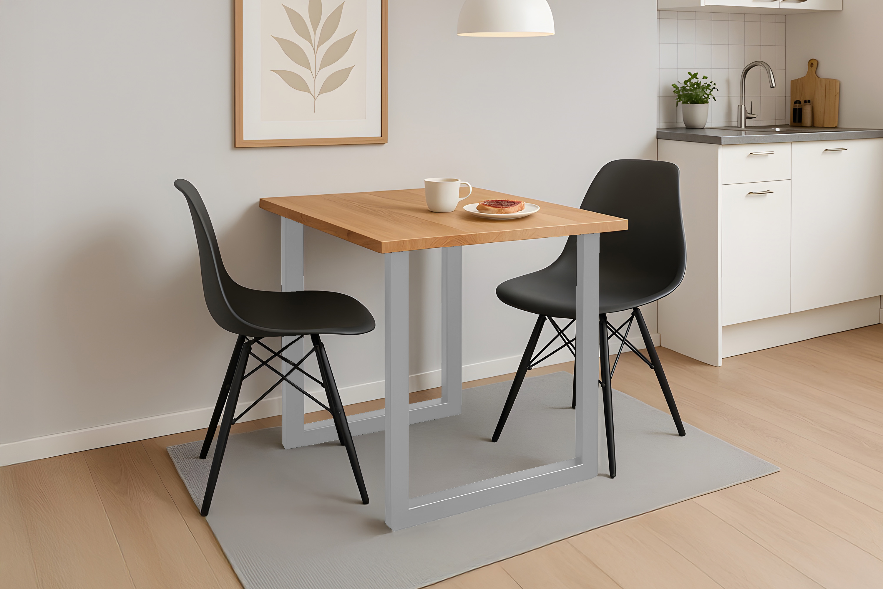 Esstisch Baumkante massiv Eiche geölt 80 x 80 cm U-Gestell silber SALVADOR