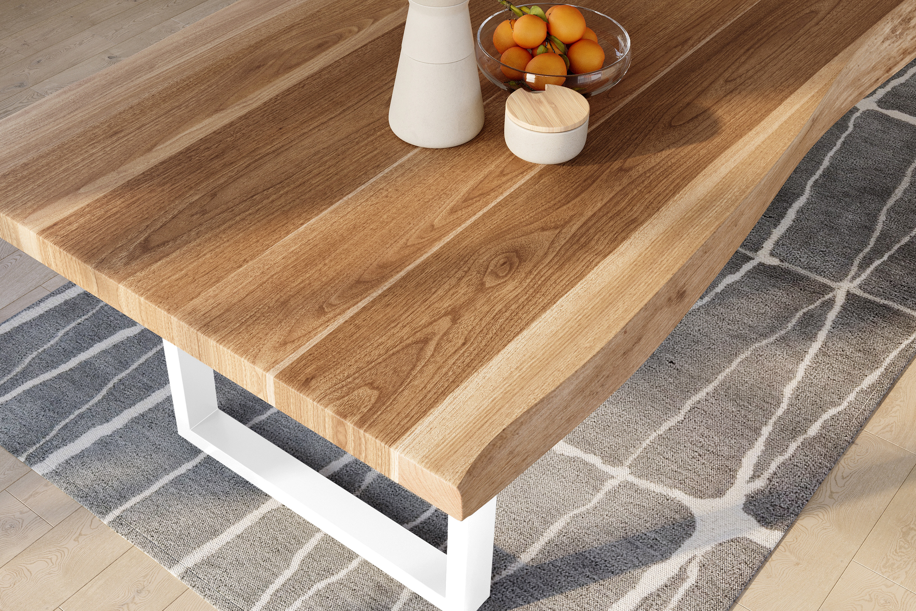 Esstisch Baumkante massiv Akazie natur 320 x 120 U-Gestell Metall weiß TITAN