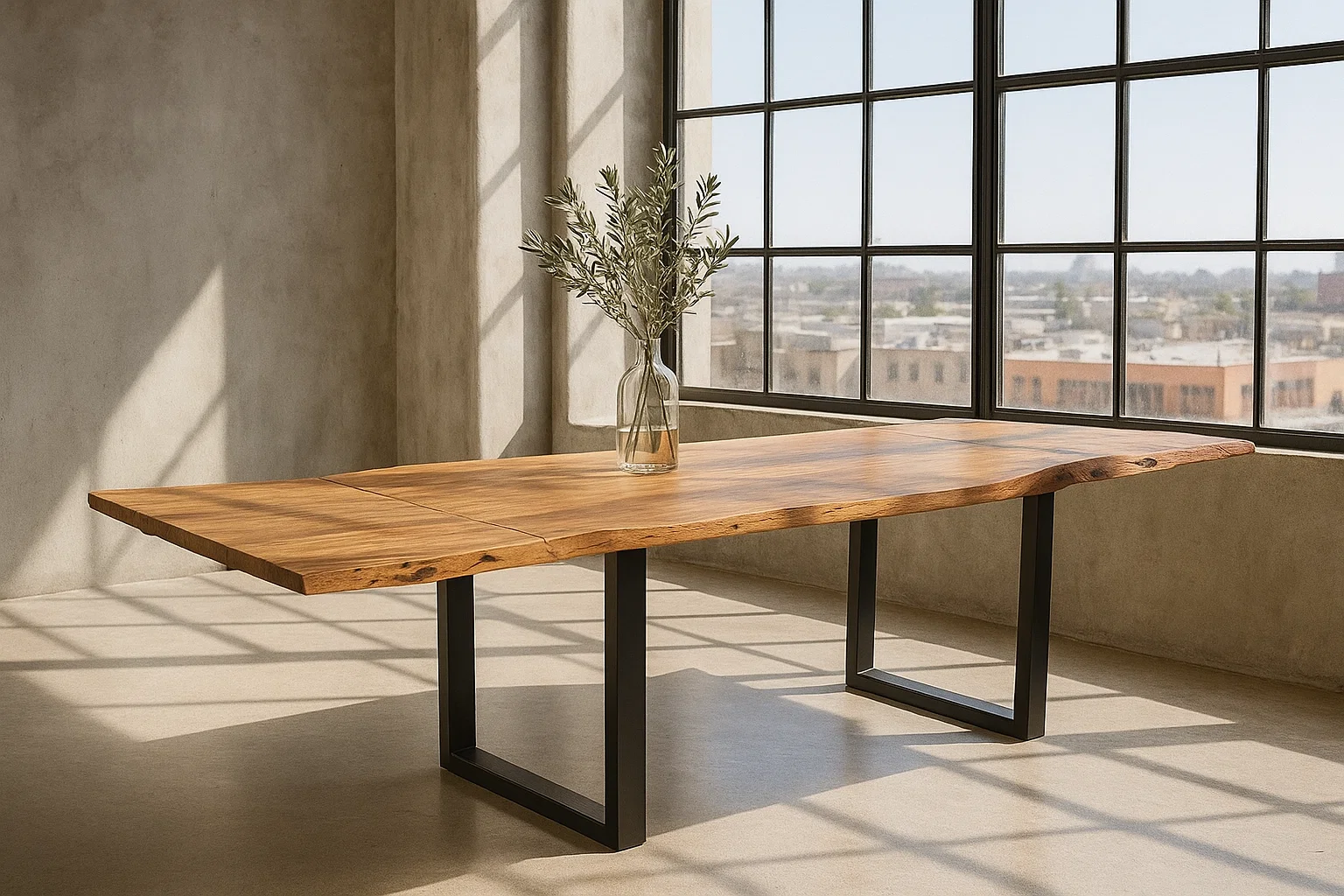 Esstisch Baumkante Akazie stone 220 (320) x 100 mit Ansteckplatten BARCELONA