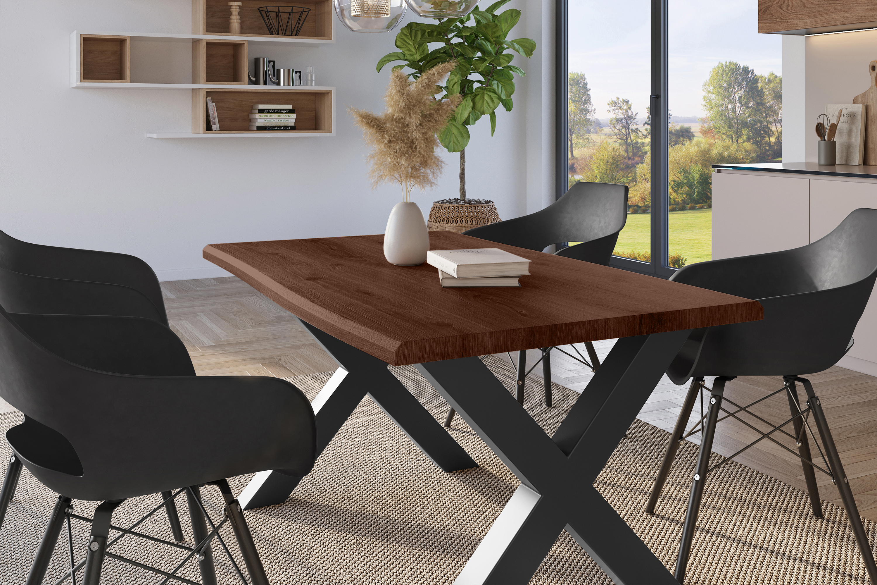 Esstisch Baumkante Holz-Optik Nussbaum 140 x 80 X-Gestell schwarz JULIUS