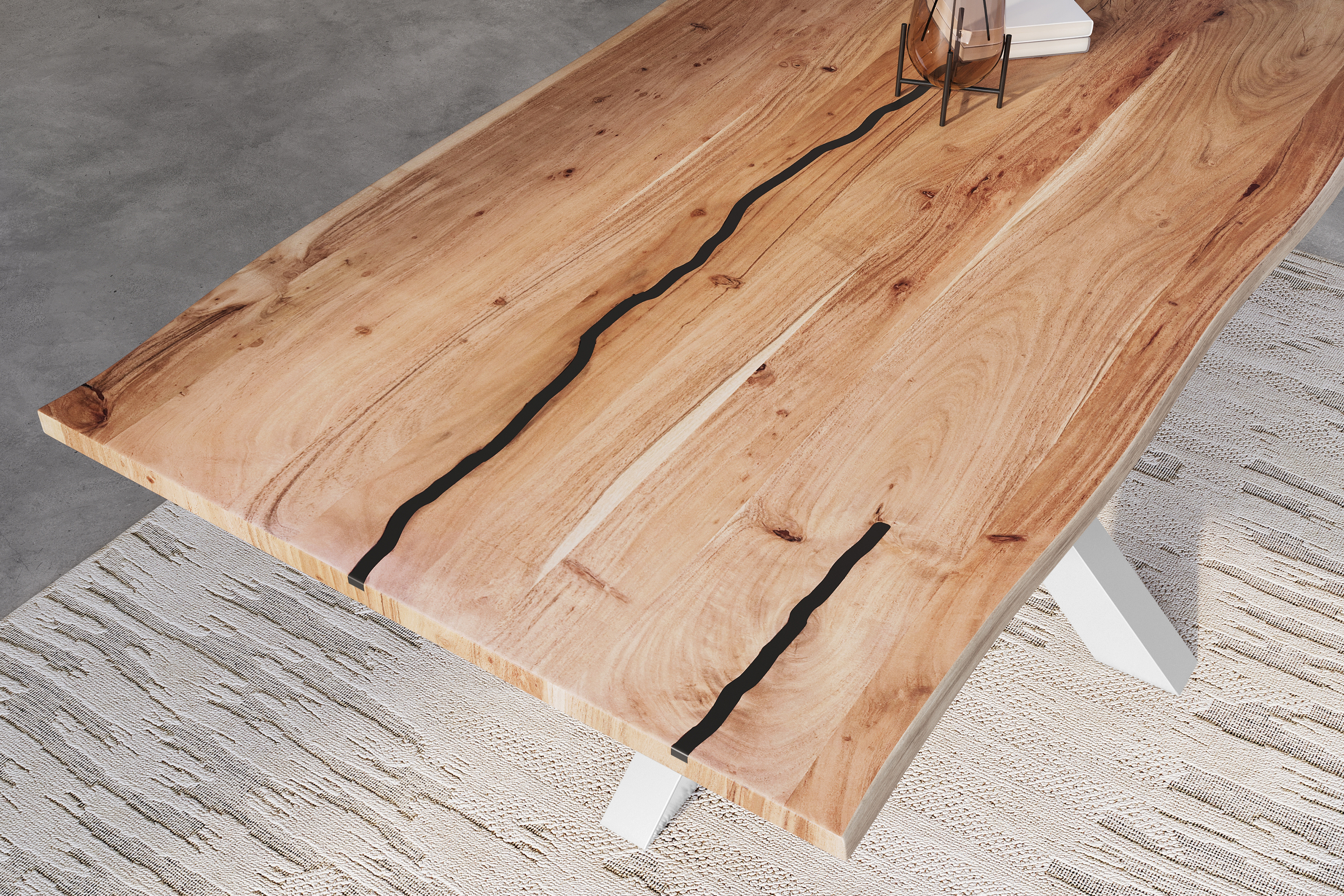 Baumkantentisch Akazie mit schwarzen Resin-Adern naturfarben 220 x 100 cm Spider-Gestell silber POLLY