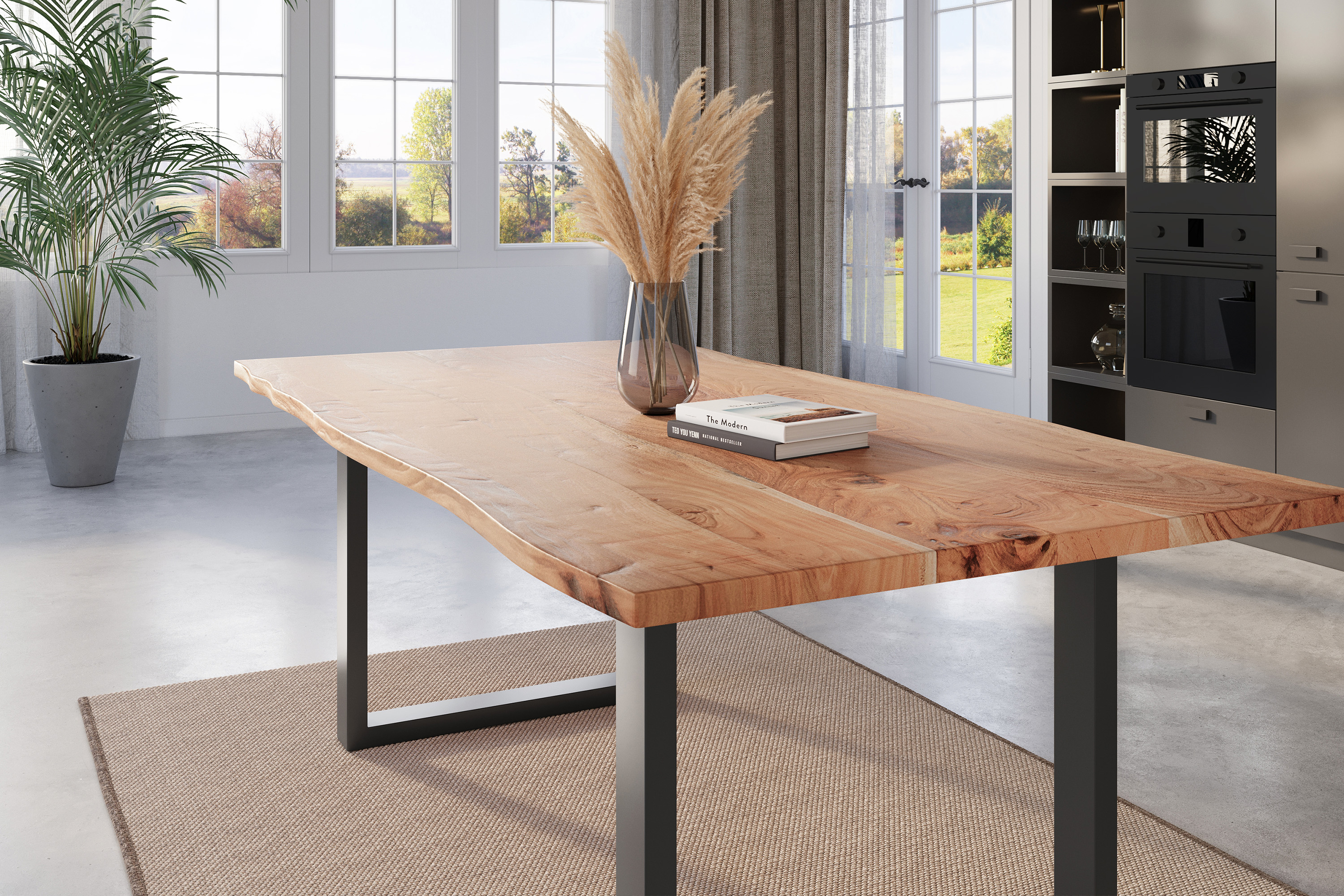 Esstisch Baumkante massiv Akazie natur 180 x 90 U-Gestell schwarz NICK