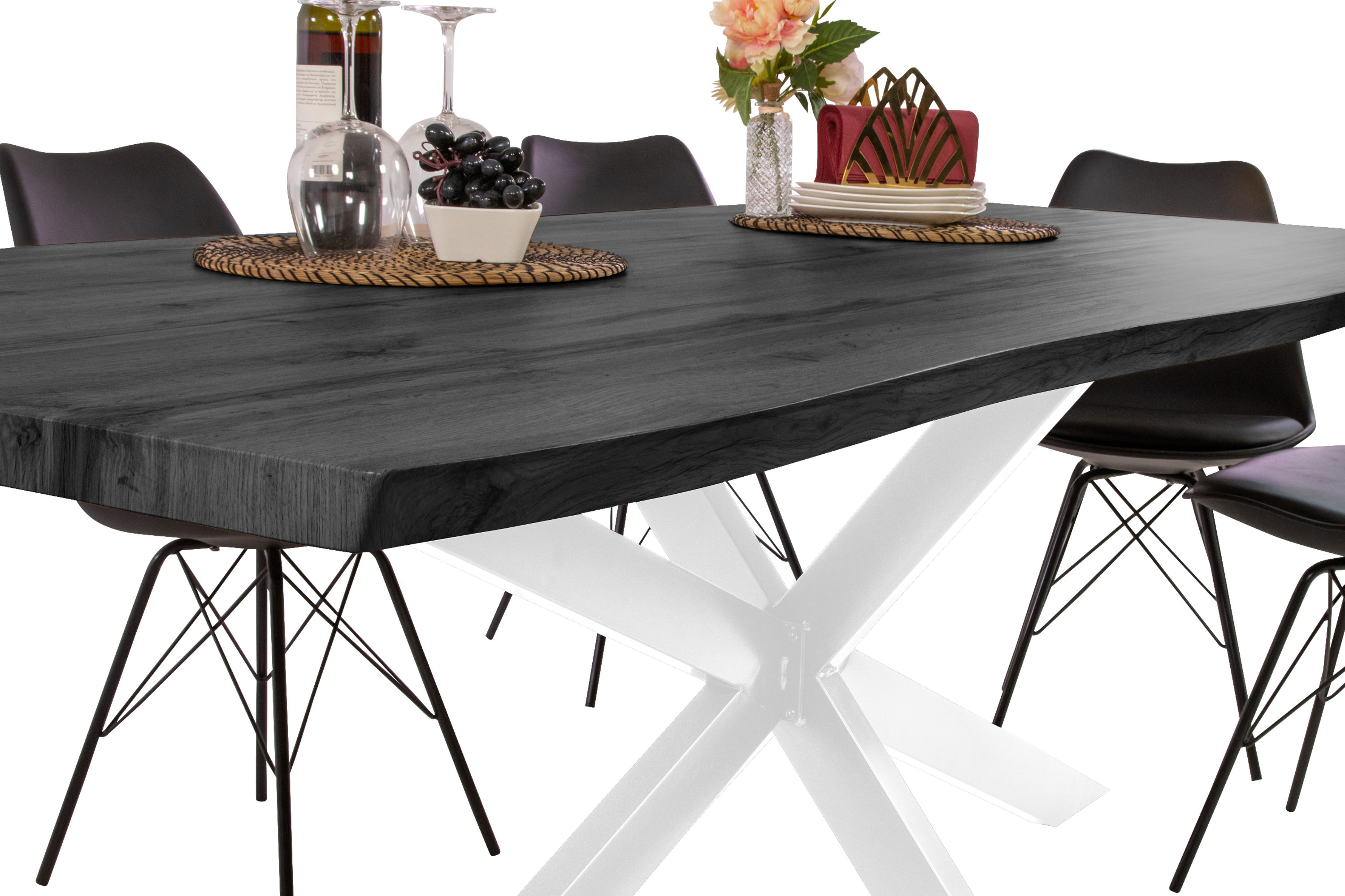 Esstisch Baumkante Holz-Optik Grau 220 x 100 Spider-Gestell weiß JOSY