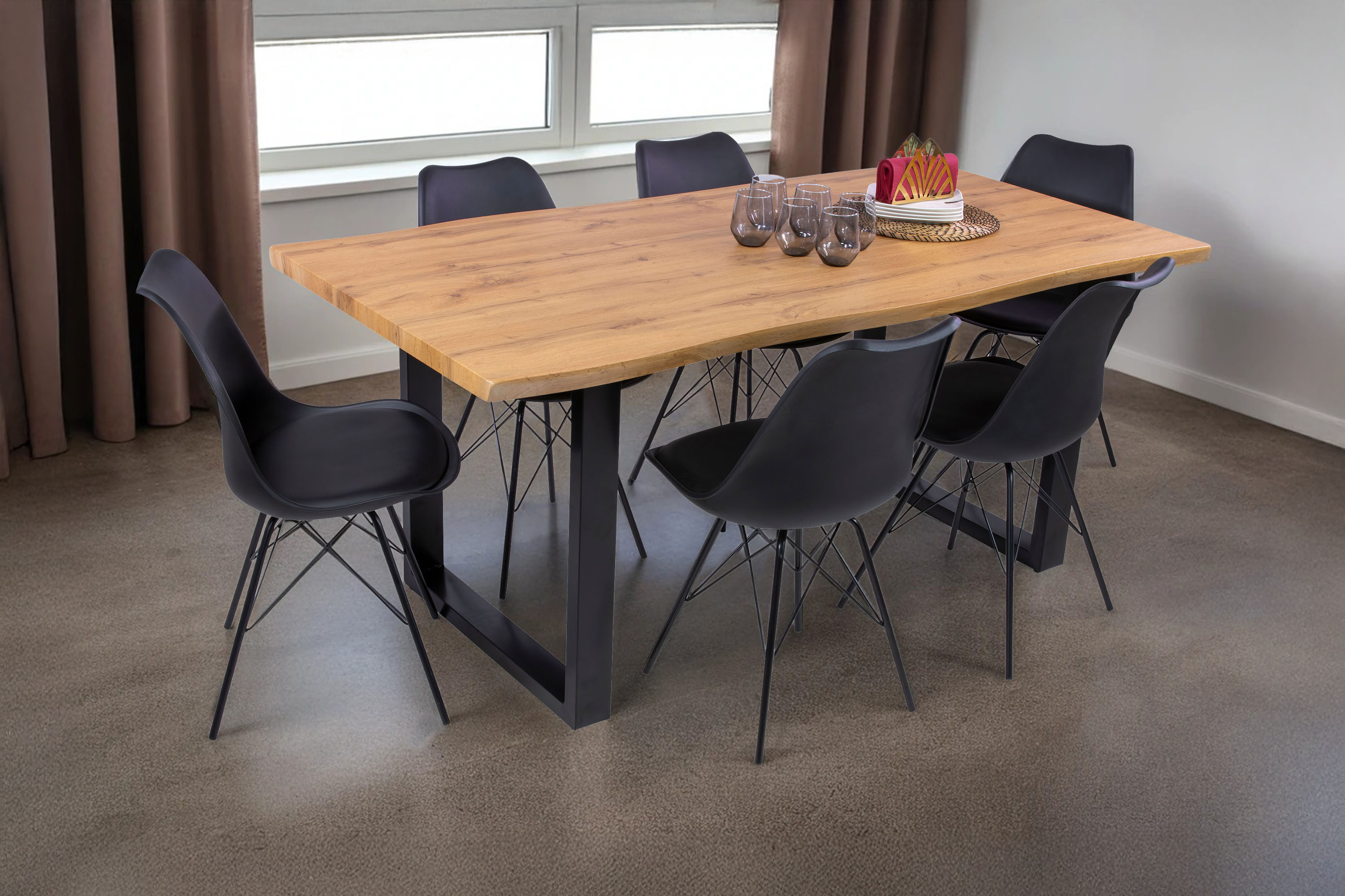 Esstisch Baumkante Holz-Optik Wildeiche 180 x 90 U-Gestell schwarz JOSY
