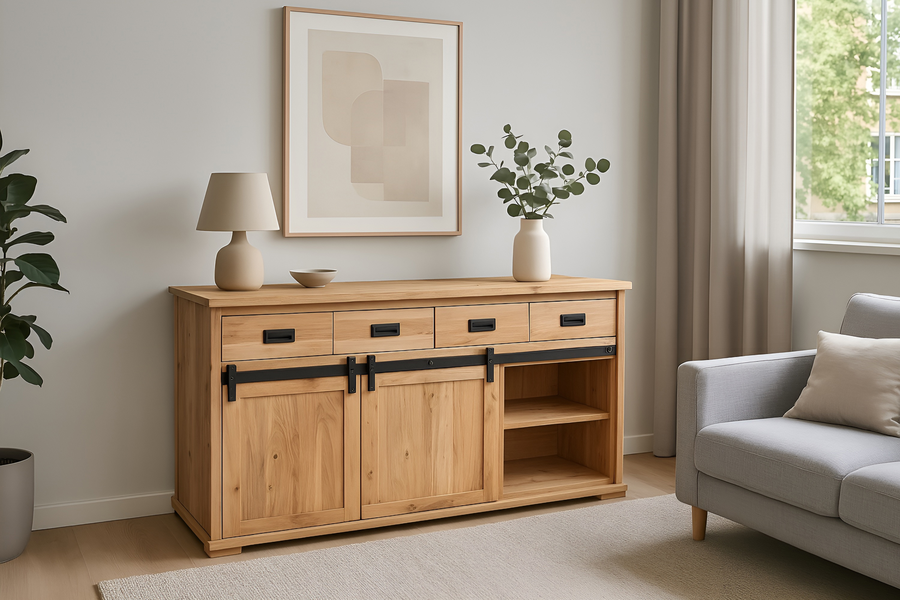 Sideboard 150 x 45 x 90 cm Akazienholz massiv naturfarben ohne Baumkante LIAN 2