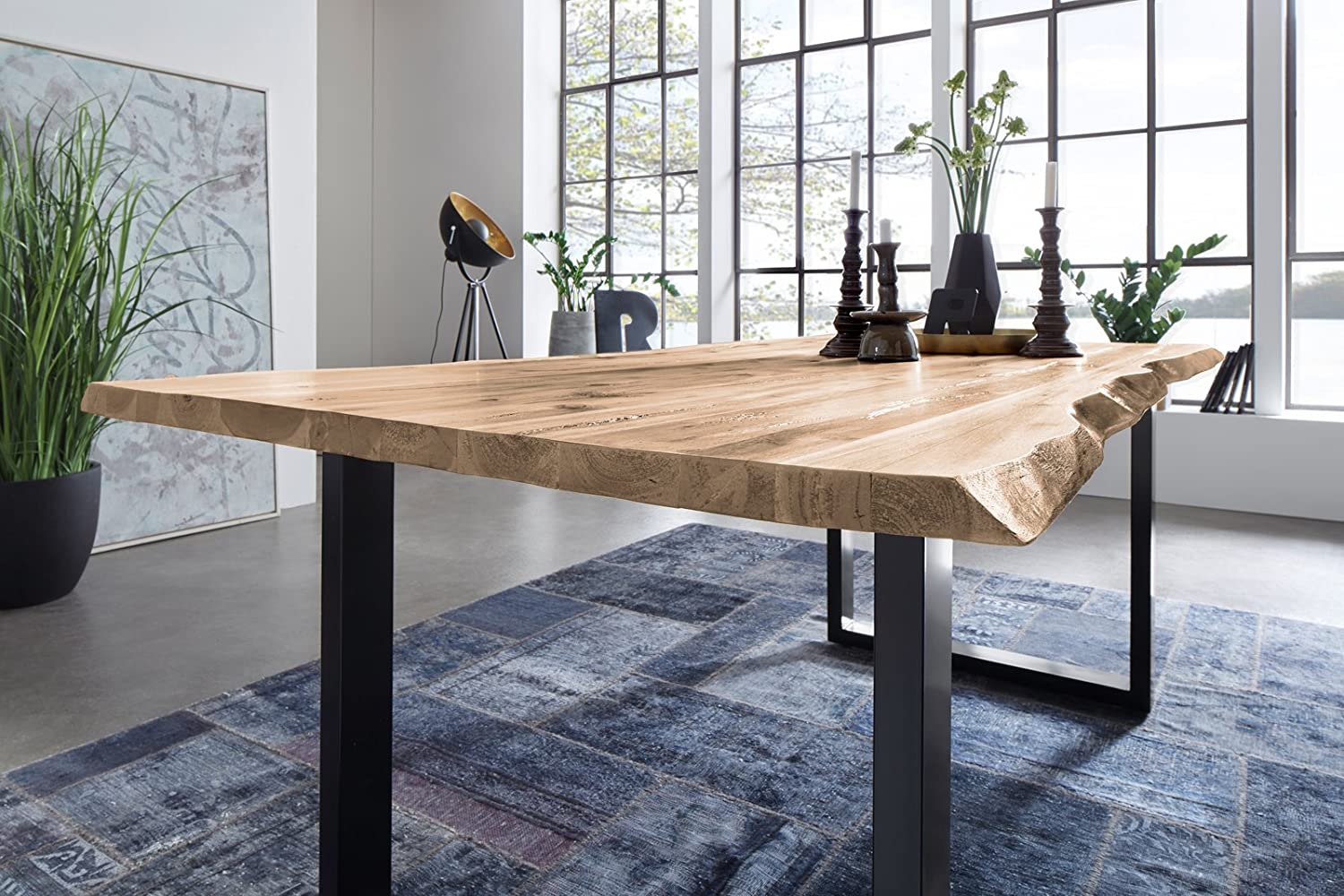 Essgruppe 220 cm Akazie naturfarben U-Gestell schwarz mit 2 Bänken QUINN