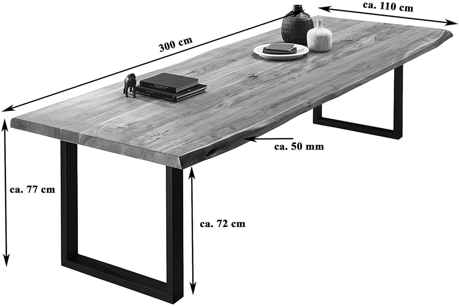  Esstisch Baumkante massiv Akazie nussbaumfarben 300 x 110 schwarz VALIN