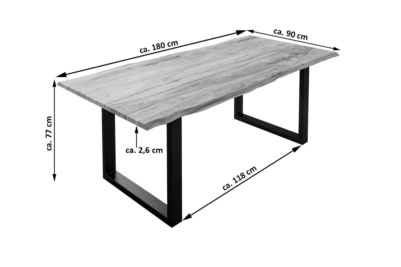 Baumkante Esstisch Sheesham naturbelassen 180 x 90 schwarz Mailand