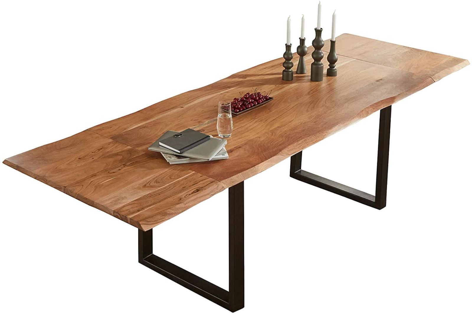 Esstisch Baumkante Akazie natur 180(280)x90 Ansteckplatten schwarz ADINA