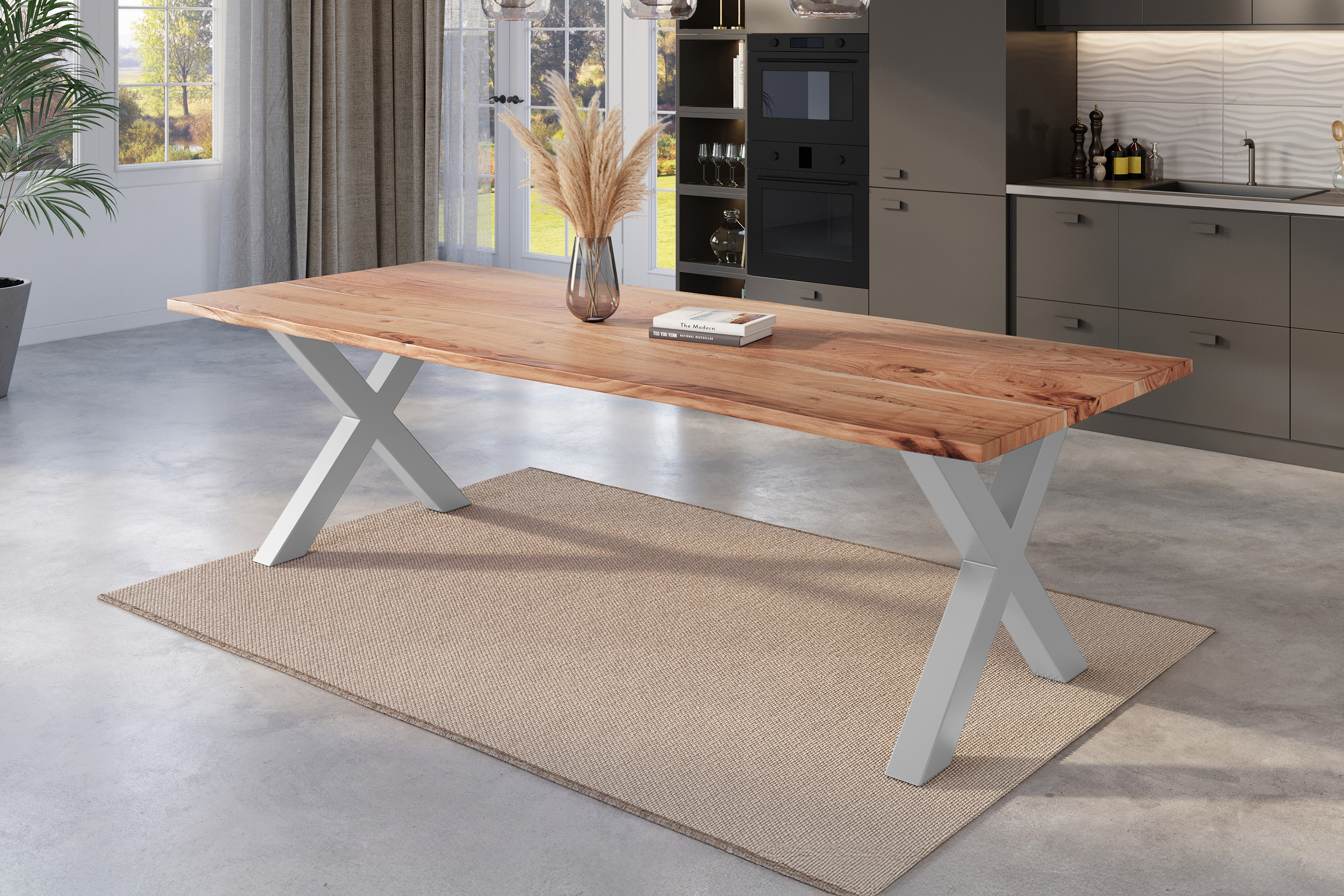 Esstisch Baumkante massiv Akazie natur 240 x 100 silber X-Gestell NICK