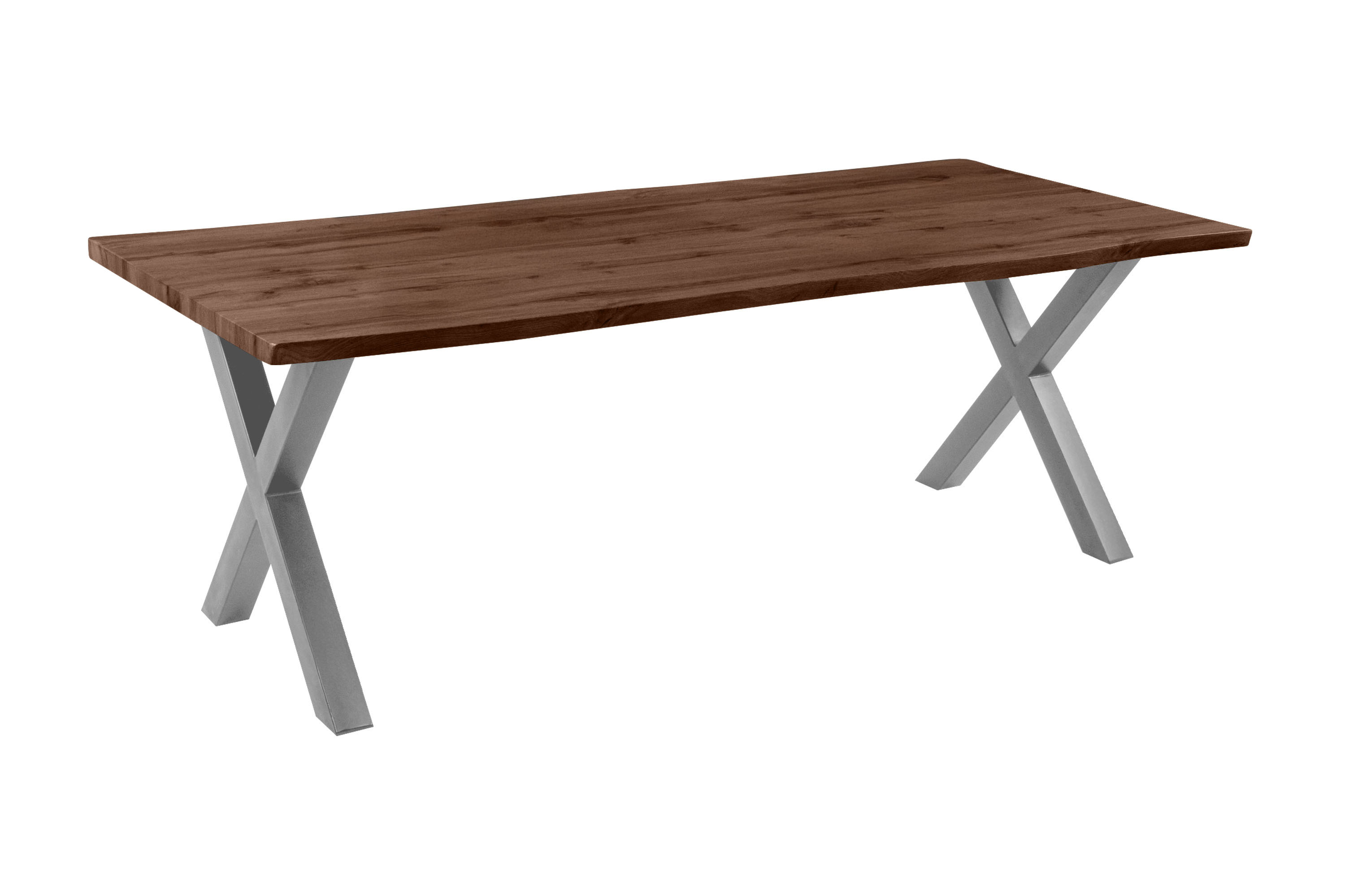 Esstisch Baumkante Holz-Optik Nussbaum 220 x 100 X-Gestell silber JOSY