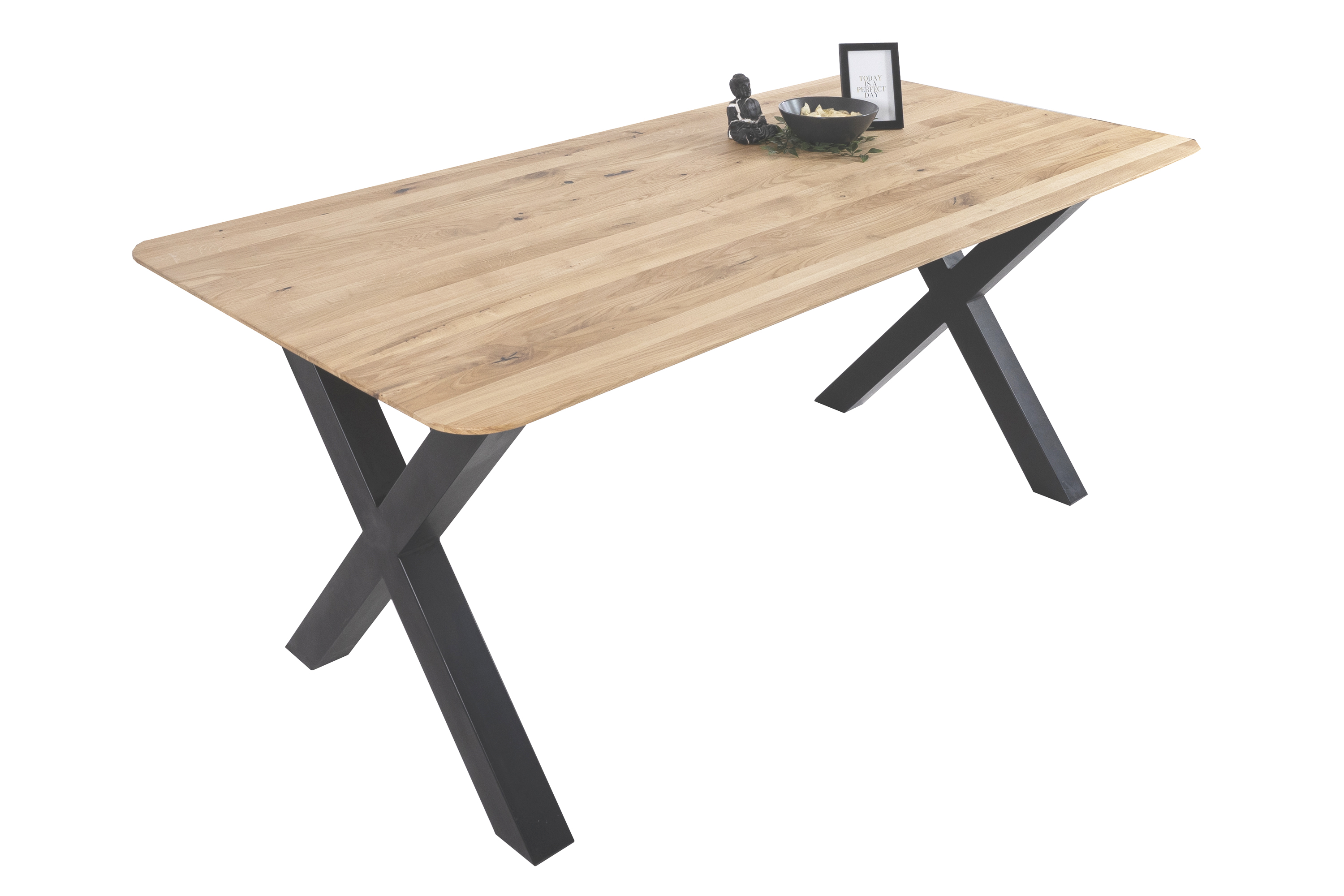 Esszimmertisch Schweizer Kante rund massiv & geölt Eiche 160x85 schwarz X-Gestell Lotte
