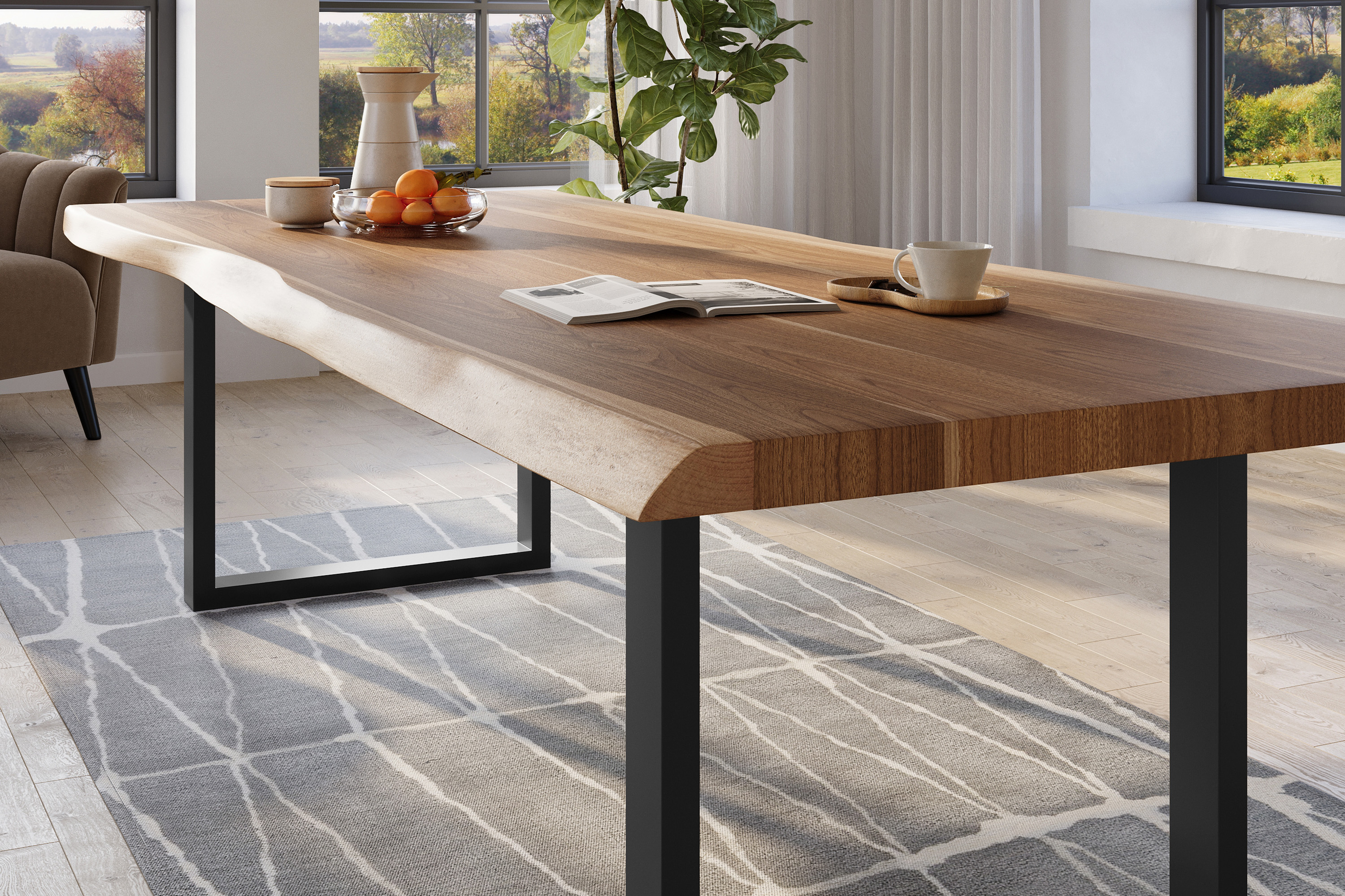 Esstisch Baumkante massiv Akazie natur 260 x 120 U-Gestell Metall schwarz TITAN
