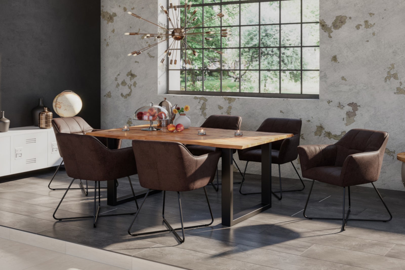 Essgruppe 140 cm Mango naturfarben U-Gestell schwarz mit 6 Stühlen DORA