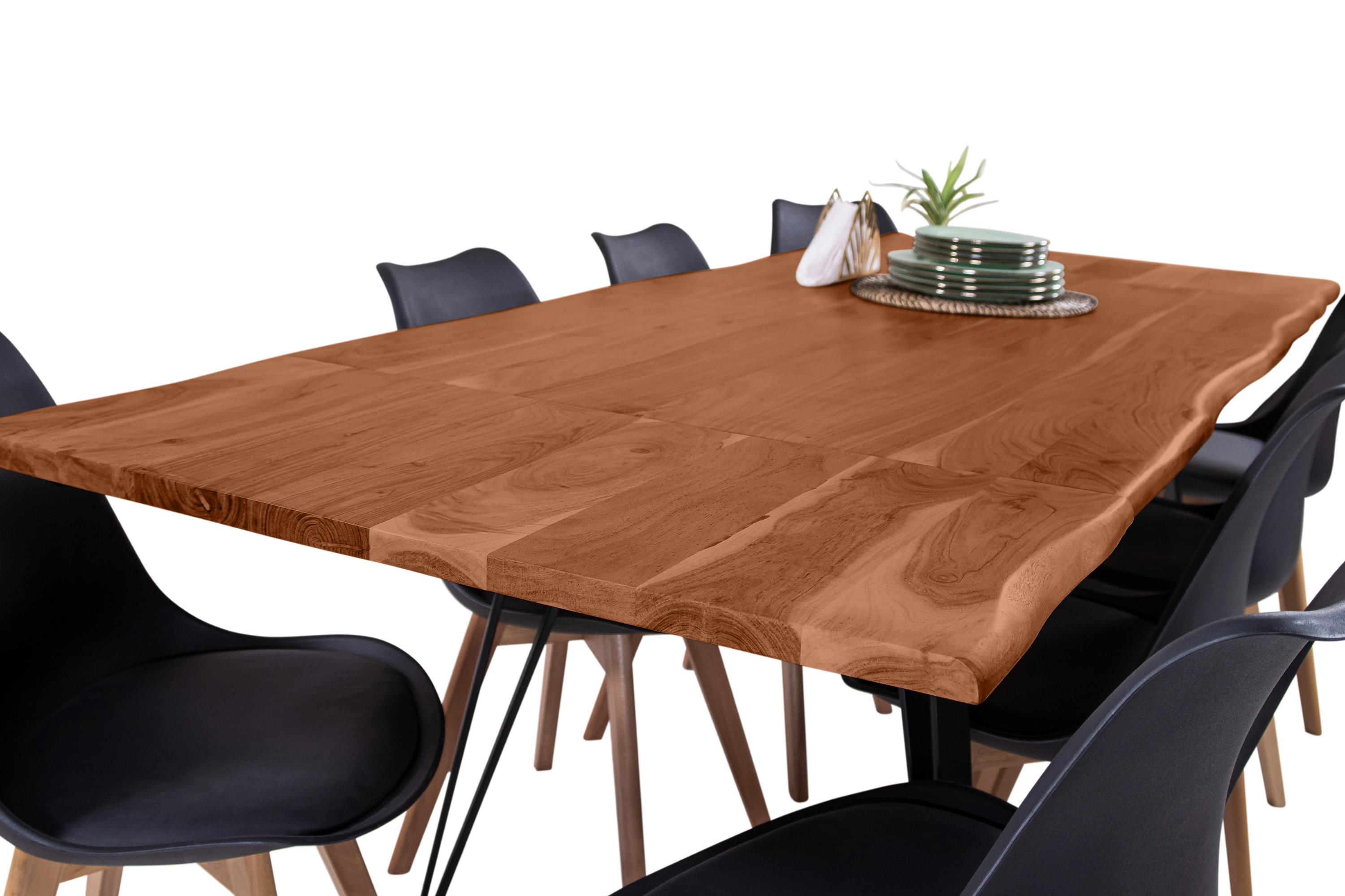 Esstisch Baumkante Akazie nuss 160(260)x90 Ansteckplatten Vierfuß-Gestell schwarz AVINO