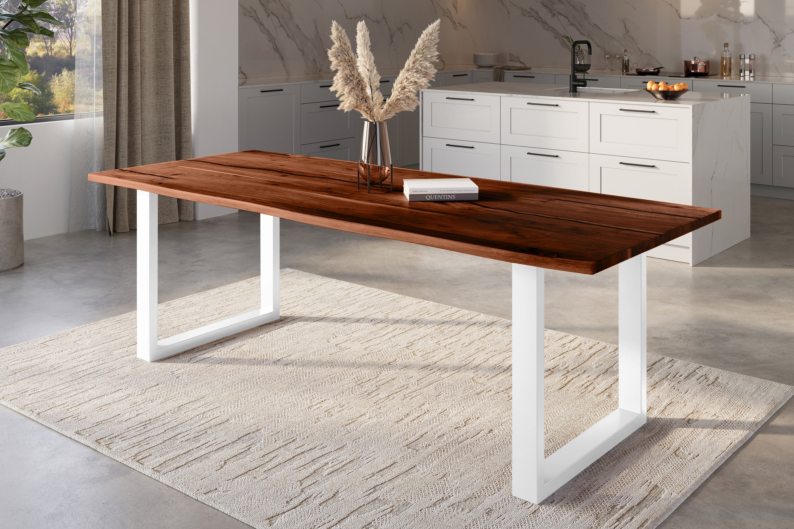 Baumkantentisch Akazie mit schwarzen Resin-Adern nussbaumfarben 300 x 100 cm U-Gestell weiß POLLY