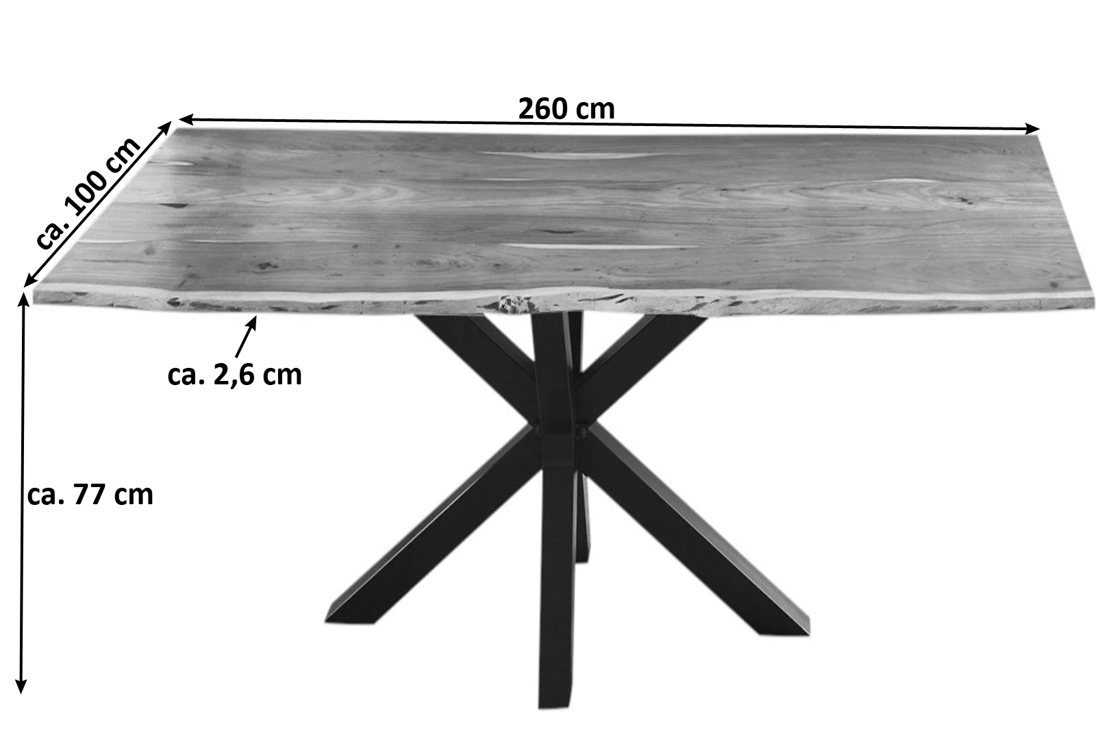  Esstisch Baumkante massiv Akazie natur 260 cm Spider-Gestell schwarz QUINCY