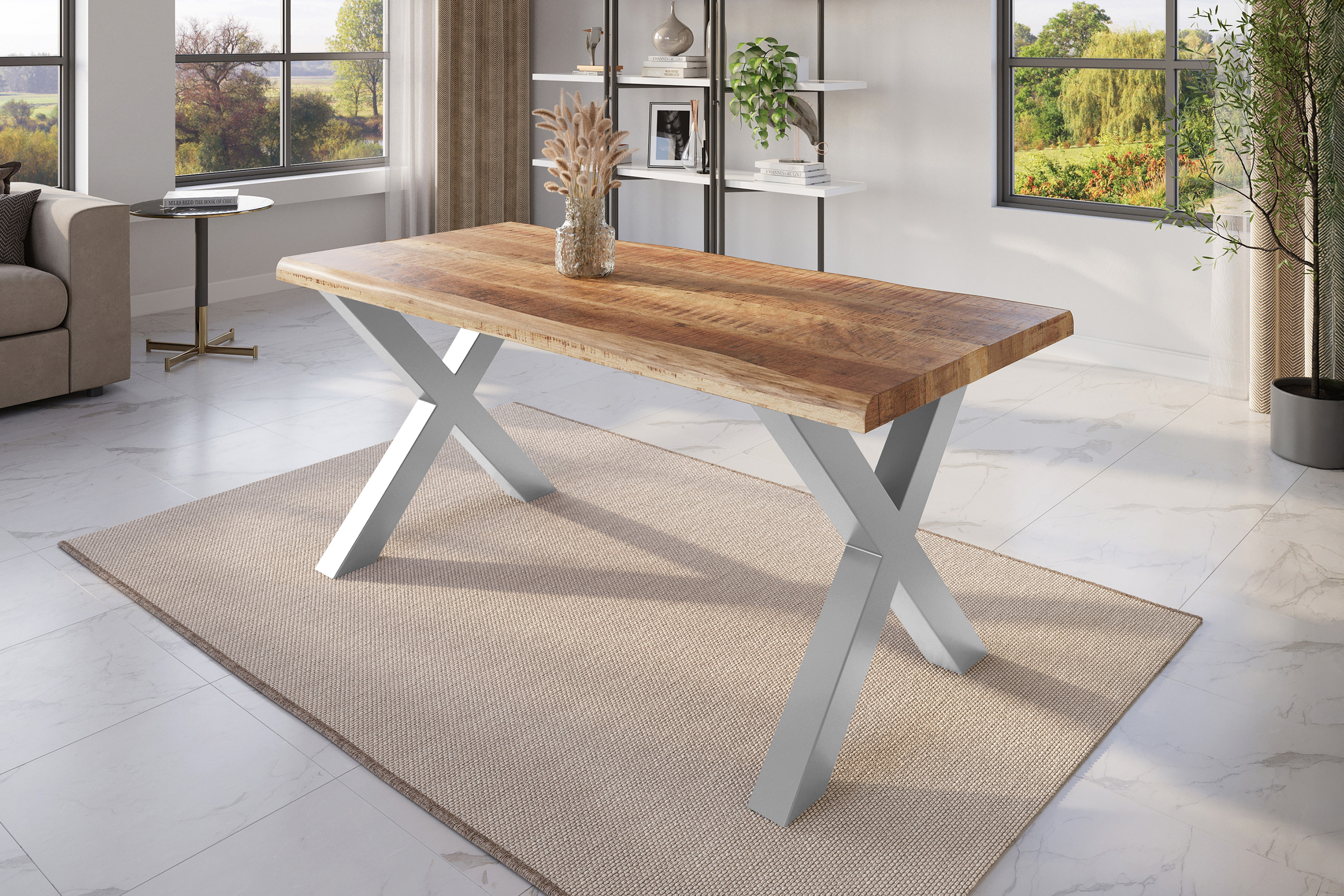 Esstisch Baumkante massiv Mango rough 180 x 90 X-Gestell silber ATLAS