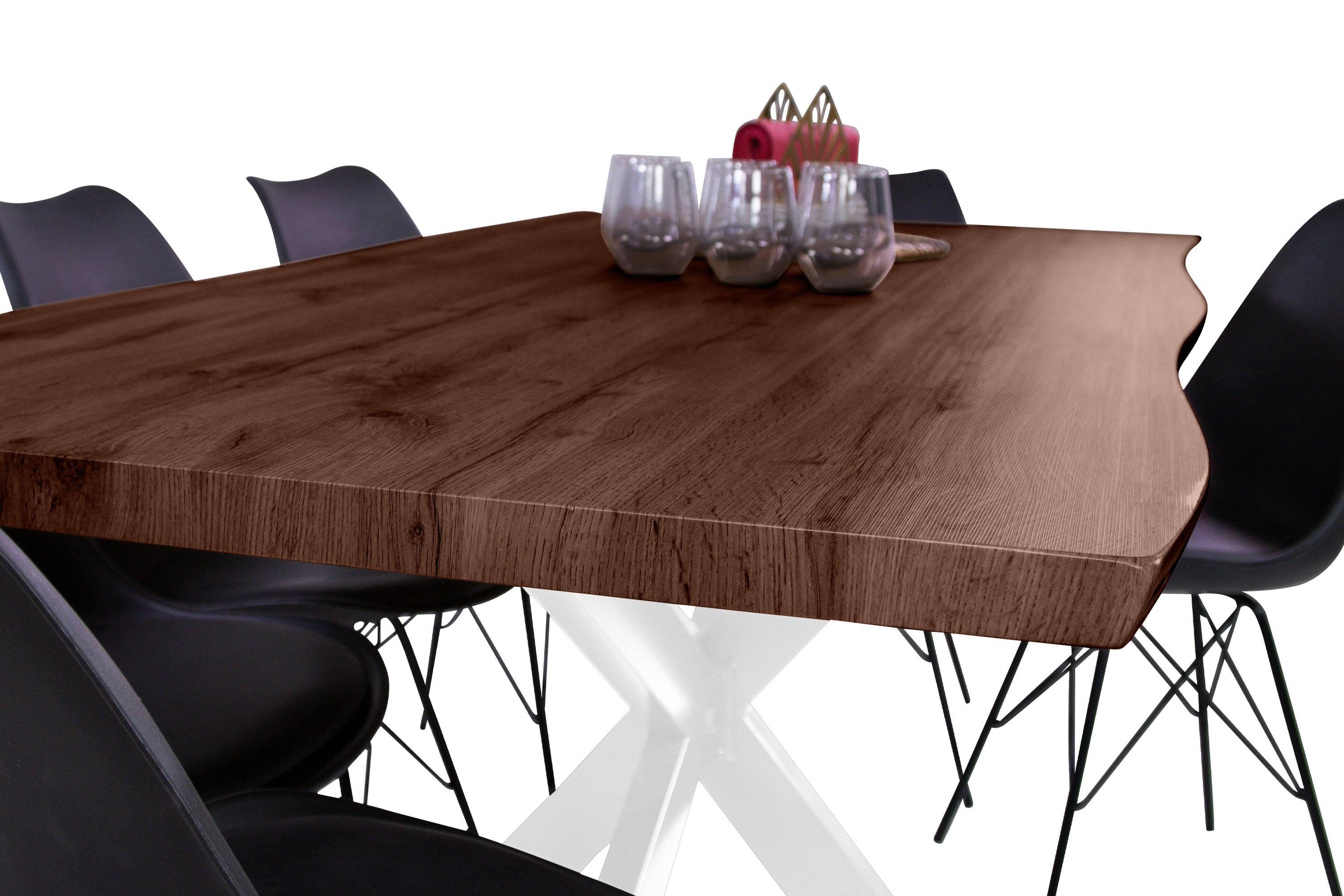 Esstisch Baumkante Holz-Optik Nussbaum 180 x 90 Spider-Gestell weiß JOSY