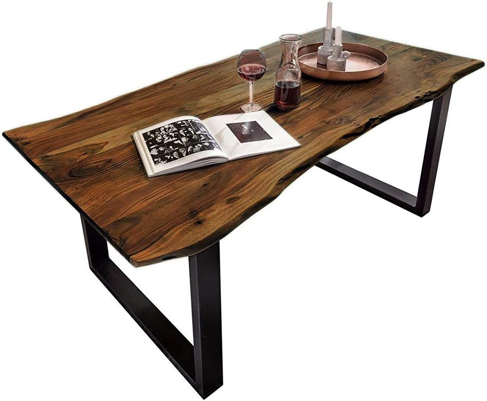 Essgruppe Baumkante massiv 160 x 85 cm Akazie nussbaumfarben U-Gestell schwarz & 6 Stühle schwarz QUINN