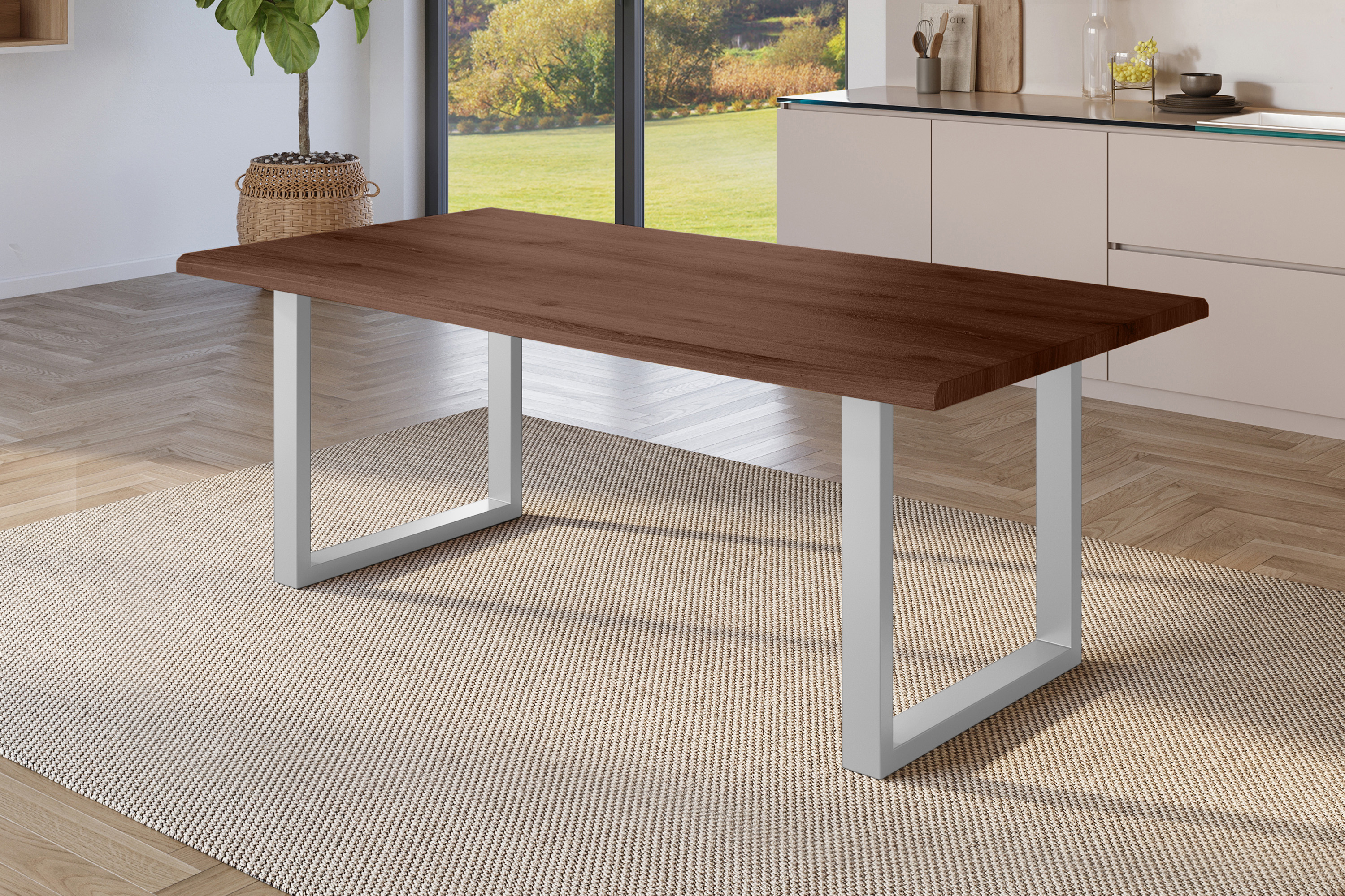 Esstisch Baumkante Holz-Optik Nussbaum 240 x 100 U-Gestell silber JULIUS