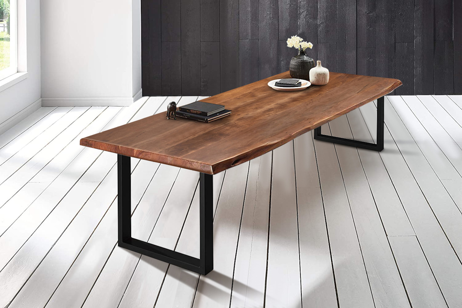  Esstisch Baumkante massiv Akazie nussbaumfarben 240 x 120 schwarz VALIN