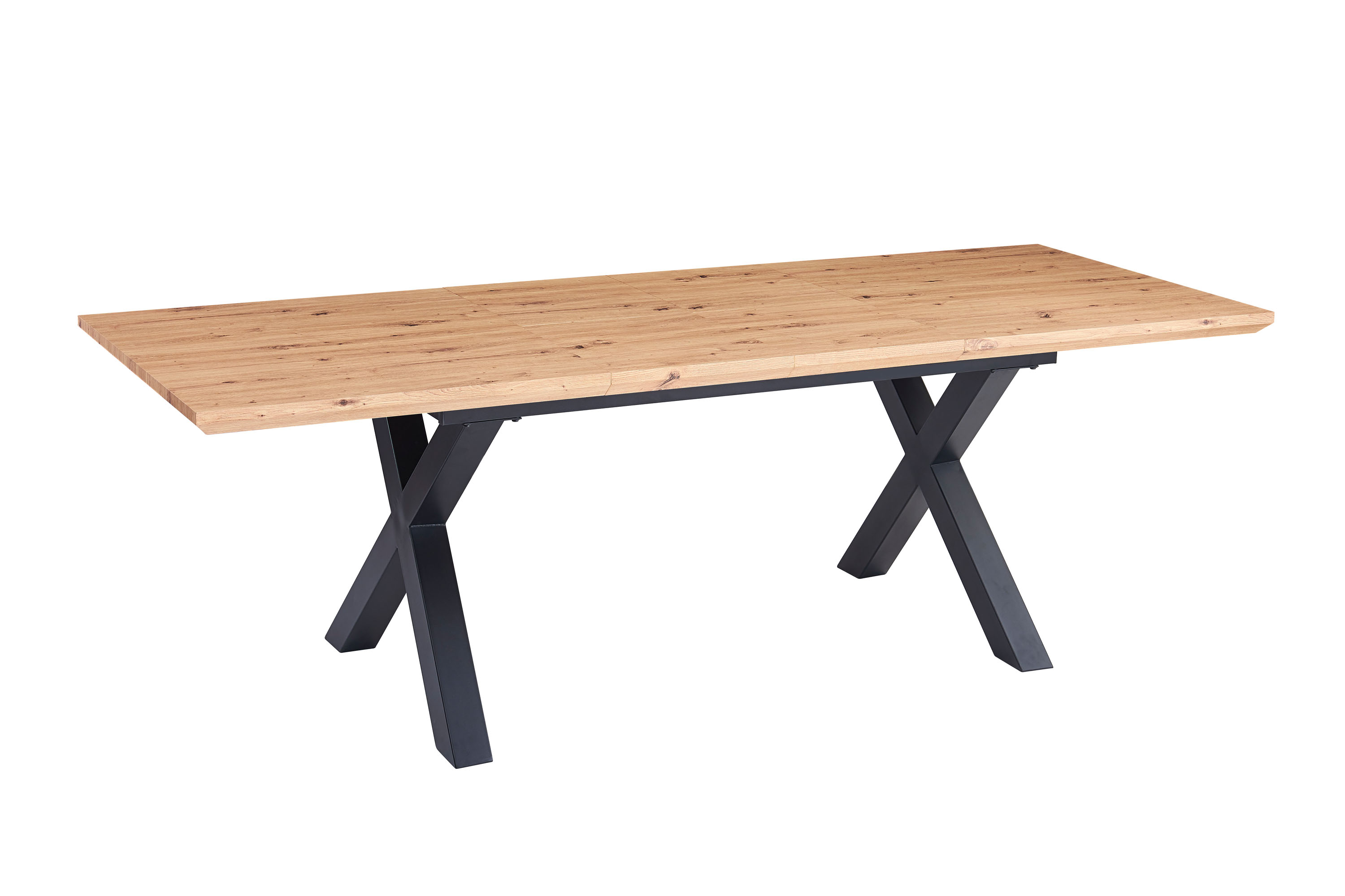 Esstisch Schweizer Kante eichenfarben 160(240) x 90 X-Gestell schwarz Bird