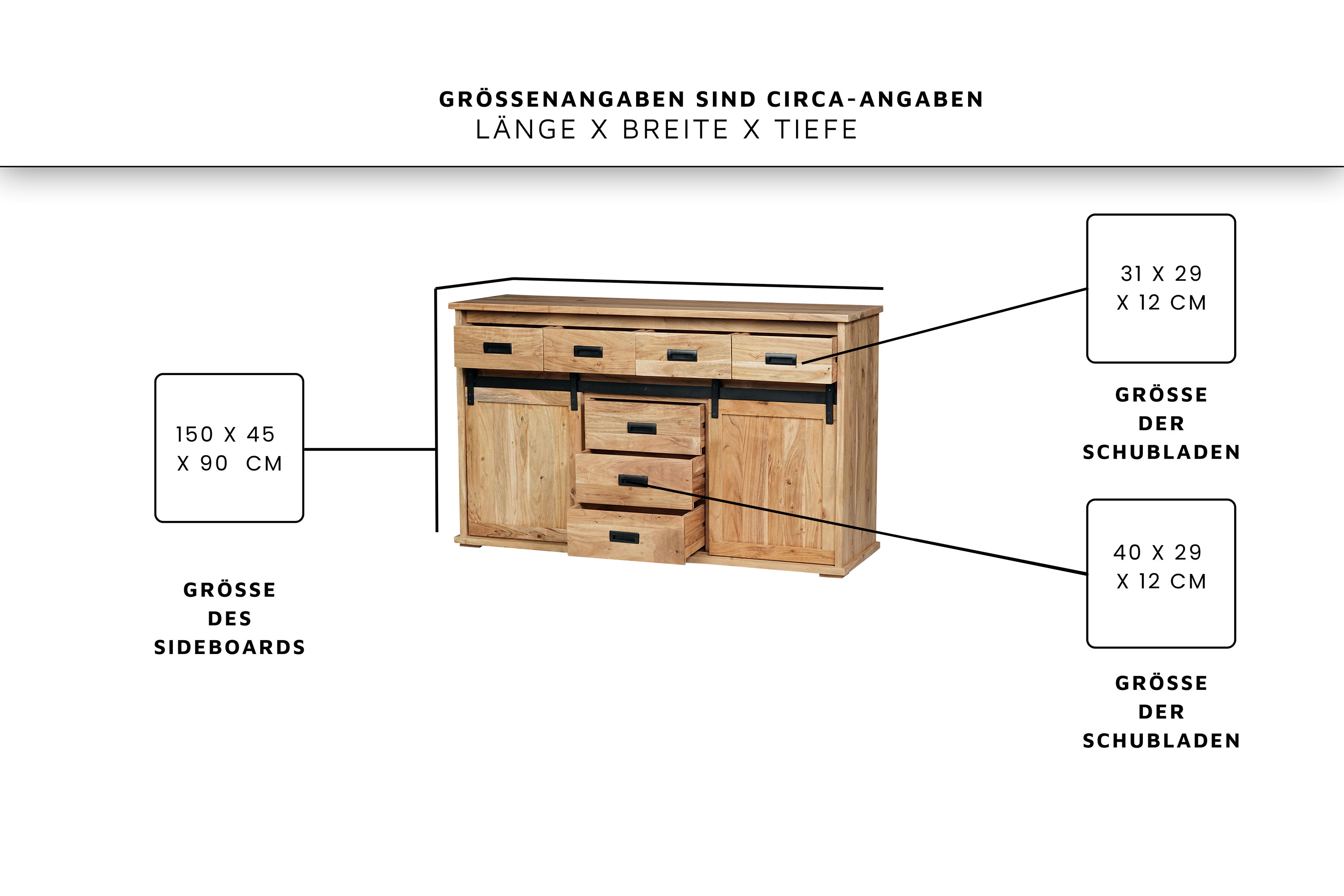 Sideboard 150 x 45 x 90 cm Akazienholz massiv naturfarben ohne Baumkante LIAN 2