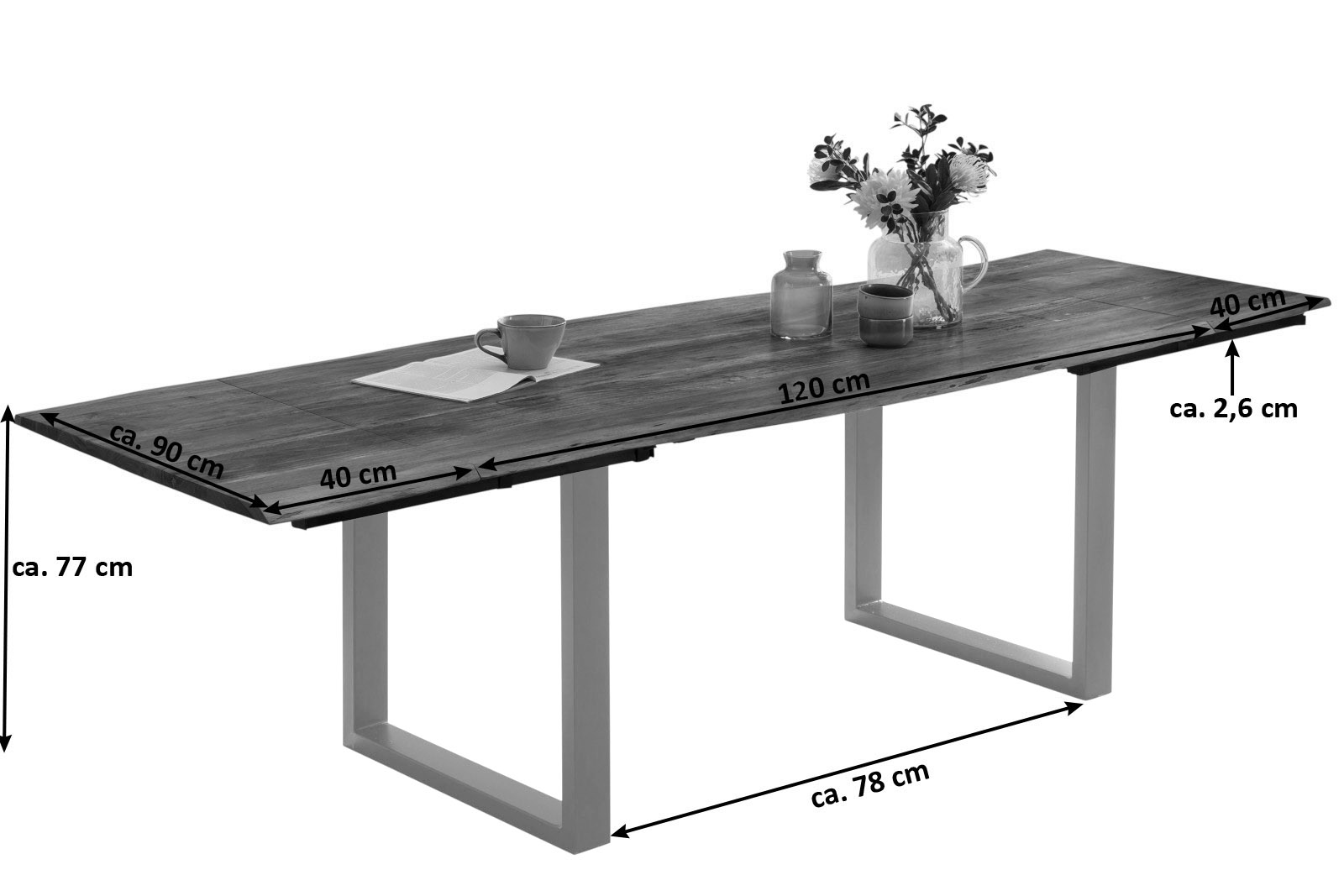 Esstisch Baumkante Akazie natur 120(200)x90 Ansteckplatten silber PAULO