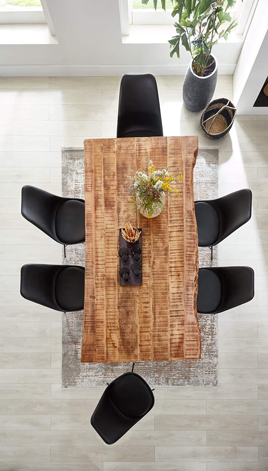 Essgruppe 220 cm Mango naturfarben U-Gestell schwarz mit 6 Stühlen NORINA